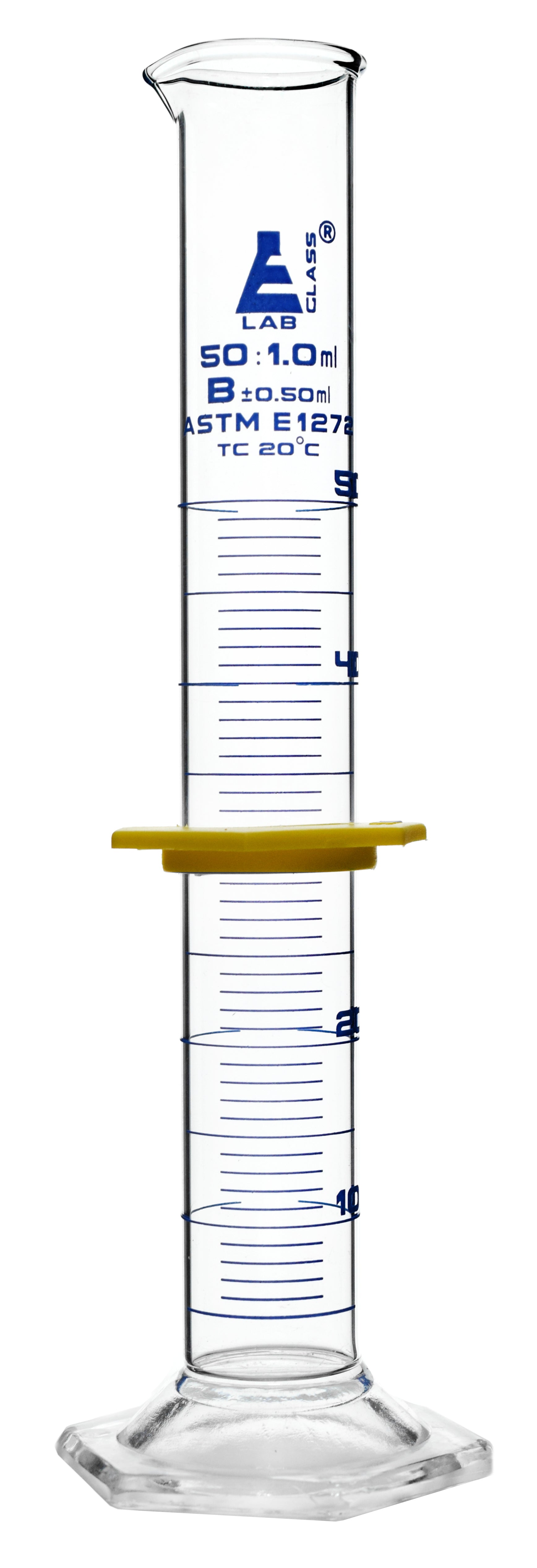 Class B Borosilicate Glass Graduated Cylinder with Protective Collar, Blue Graduations