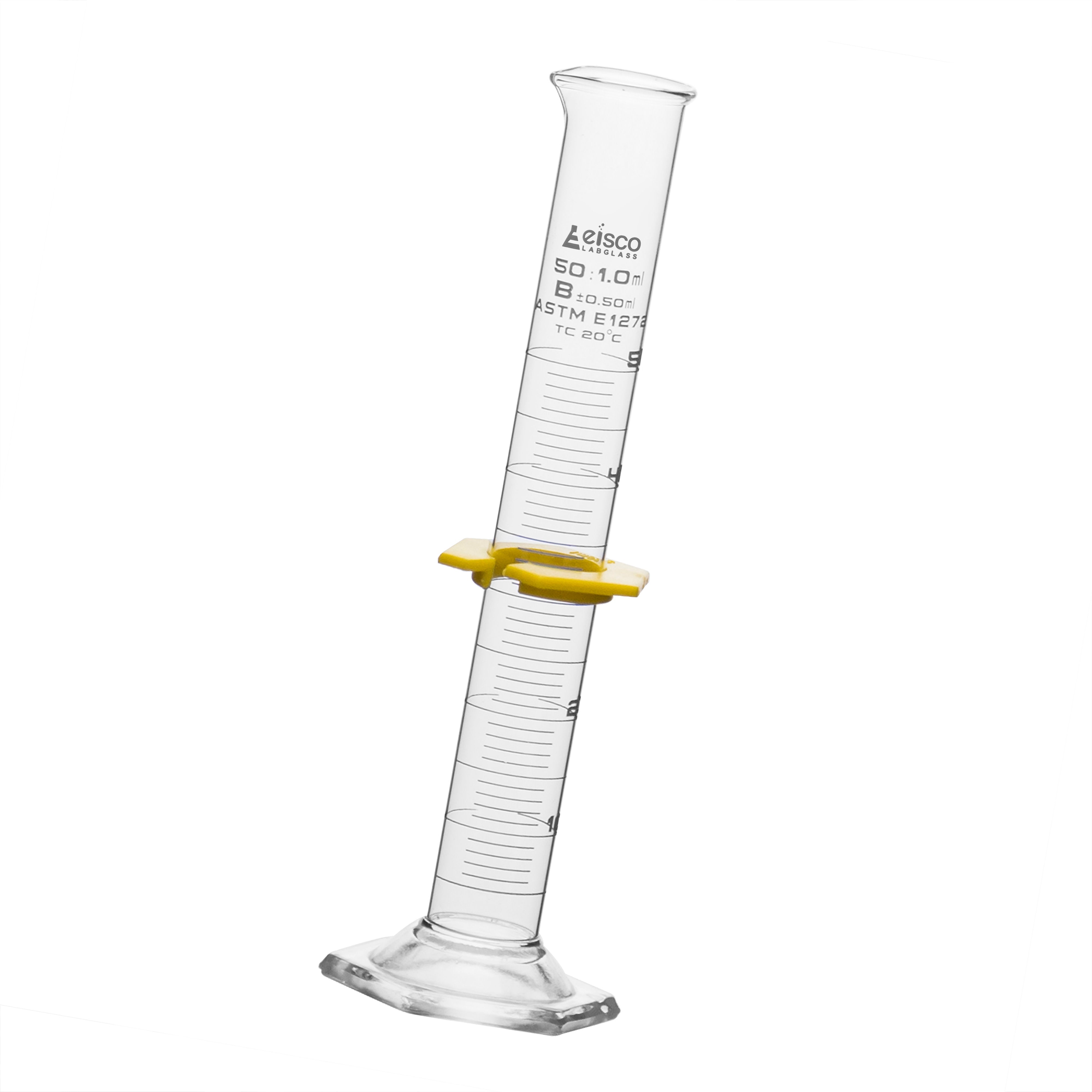 Class B Graduated Cylinder with Spout and Hexagonal Base, 50mL, White Graduations, Borosilicate Glass