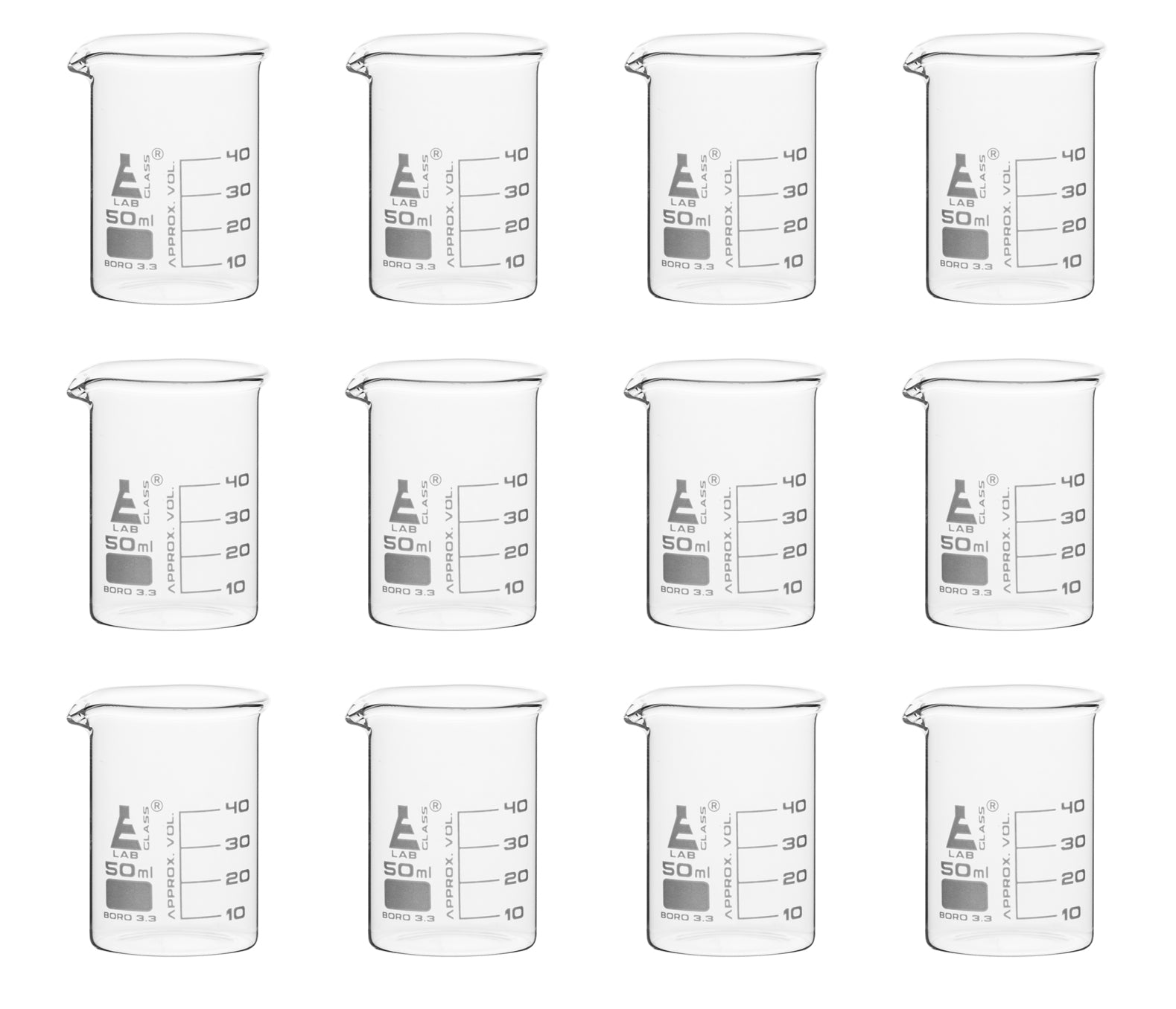 Low Form Borosilicate Glass Beaker with Spout, 12-Pack