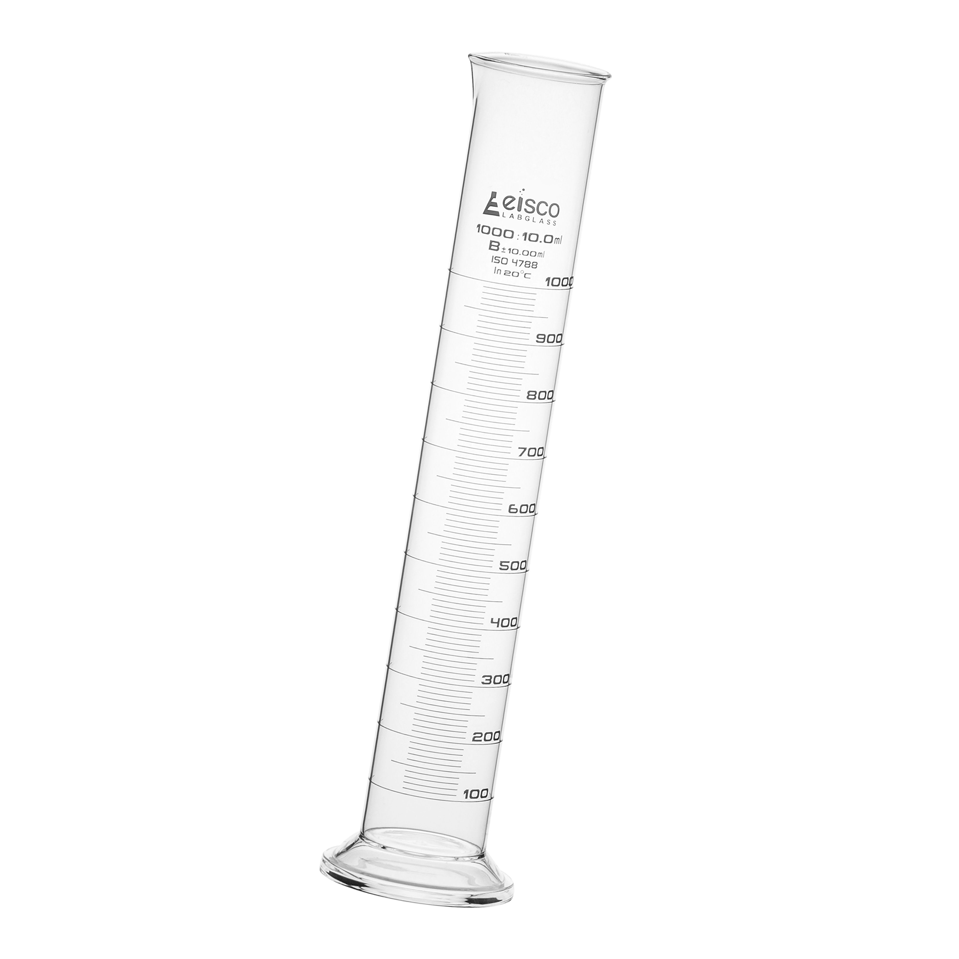Class B Graduated Cylinder with Round Base and Spout, 1000mL, White Graduations, Borosilicate Glass