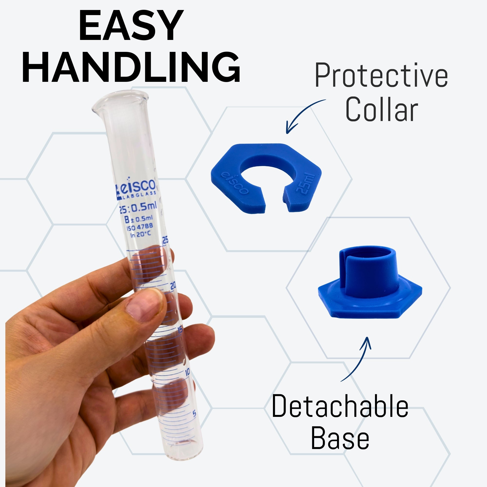 Class B Graduated Cylinder with Spout, Hexagonal Base, and Protective Collar, 25mL, Borosilicate Glass
