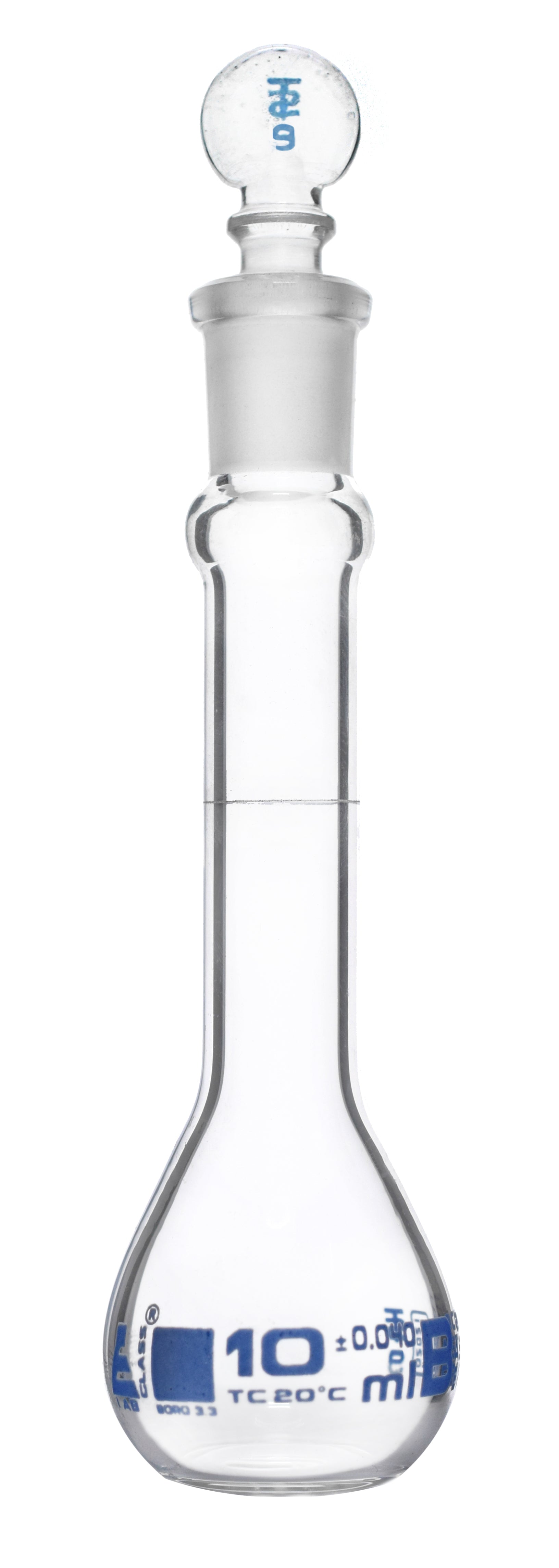 ASTM Class B Borosilicate Glass Volumetric Flask with Glass Stopper, Blue Graduations