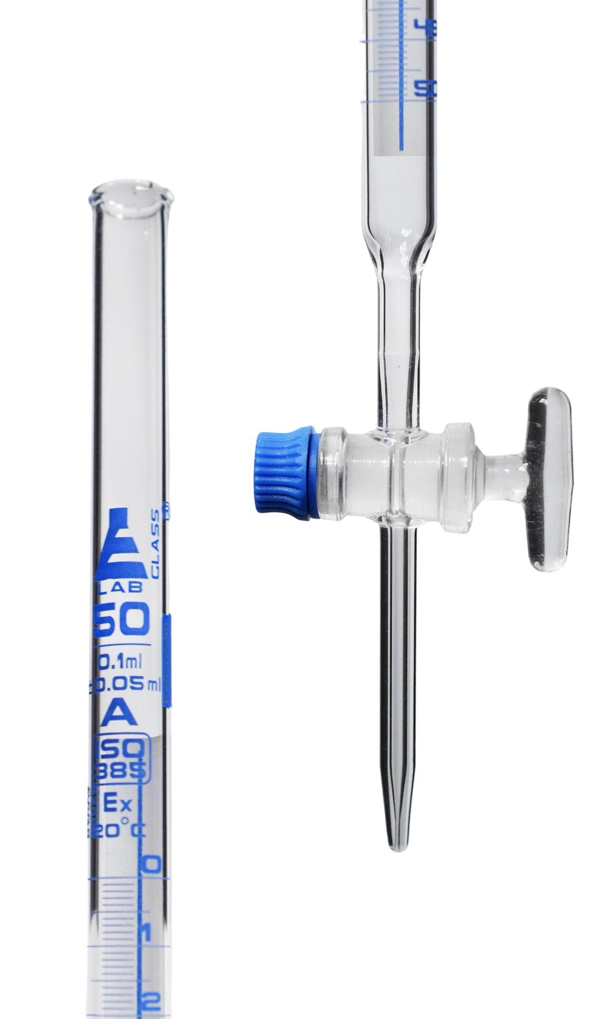 Schellbach Burette, 50mL - Class A, Includes Calibration Certificate - Glass Stopcock - Blue Graduations - Borosilicate Glass