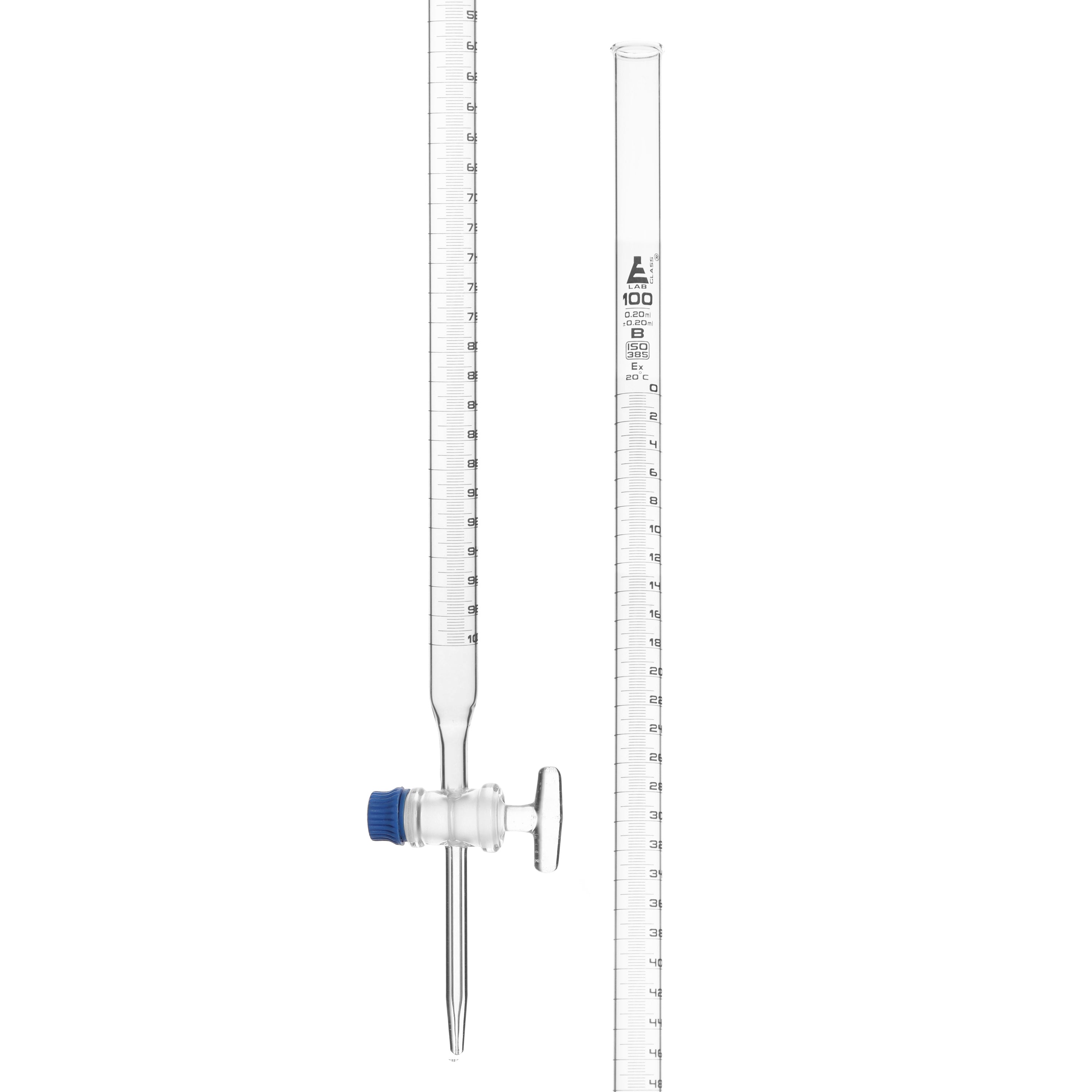 Class B Burette with Glass Key Stopcock, 100mL, White Graduations, Borosilicate Glass