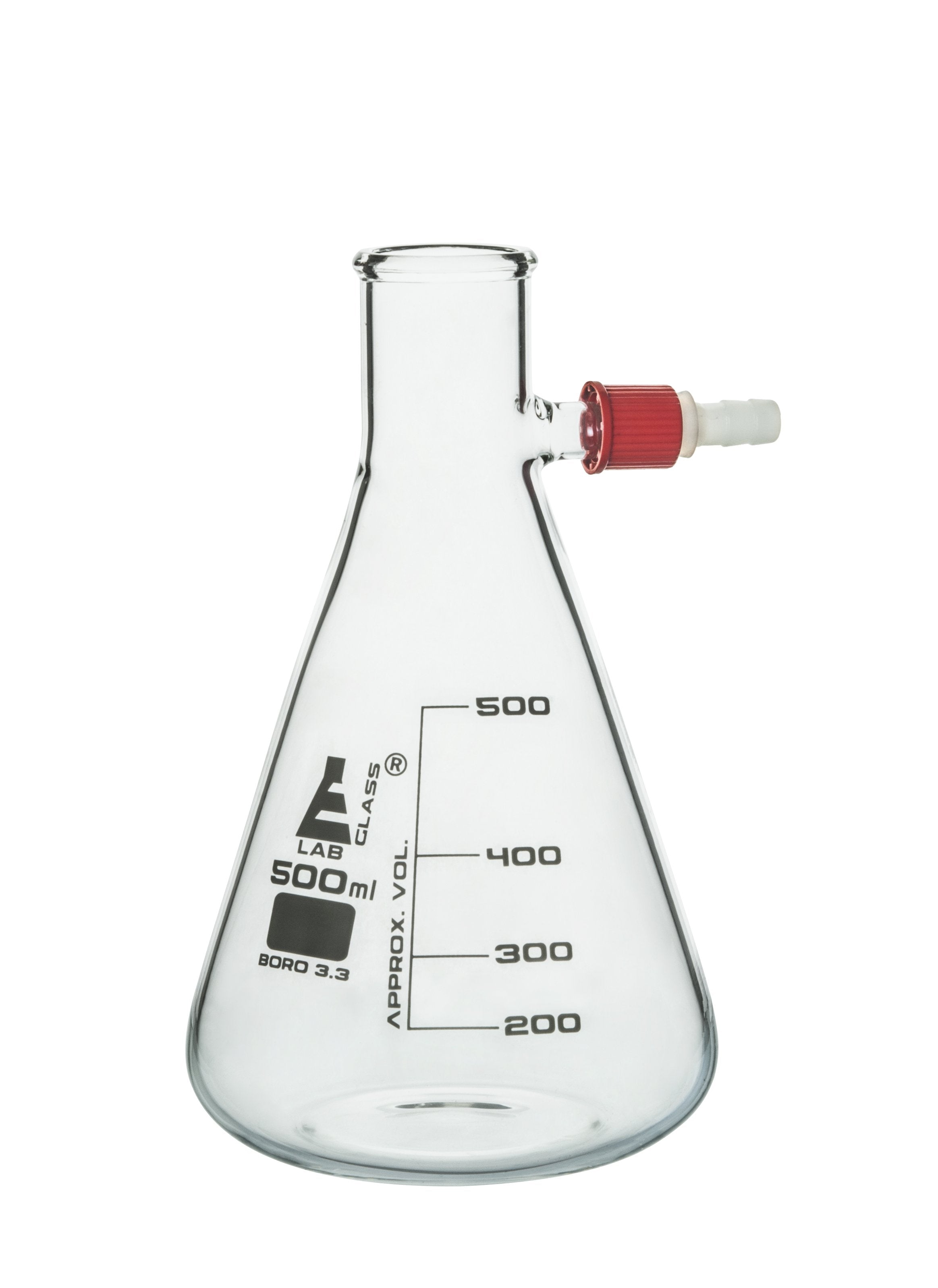 Conical Filtering Flask with Integral Plastic Side Arm, 500mL, White Graduations, Borosilicate Glass