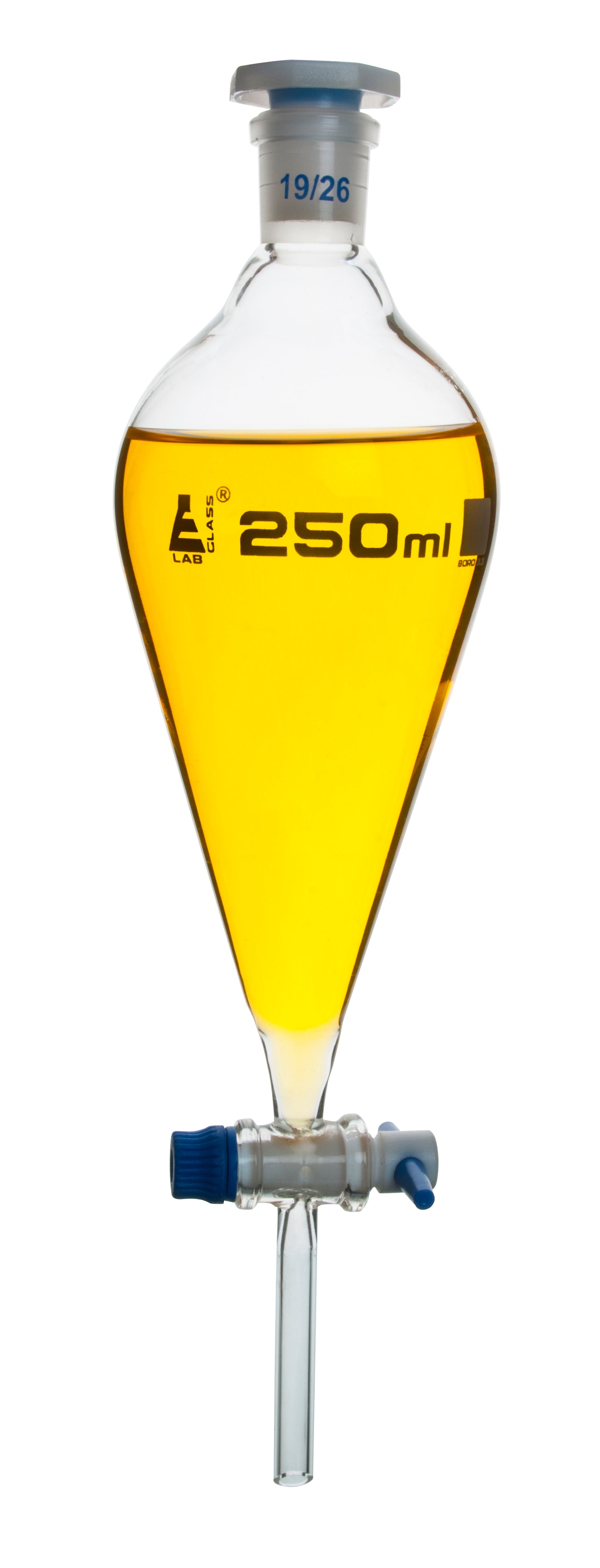 Dropping Funnel, 250mL - Squibb - With 19/26 Plastic Stopper & PTFE Key Stopcock - Borosilicate Glass