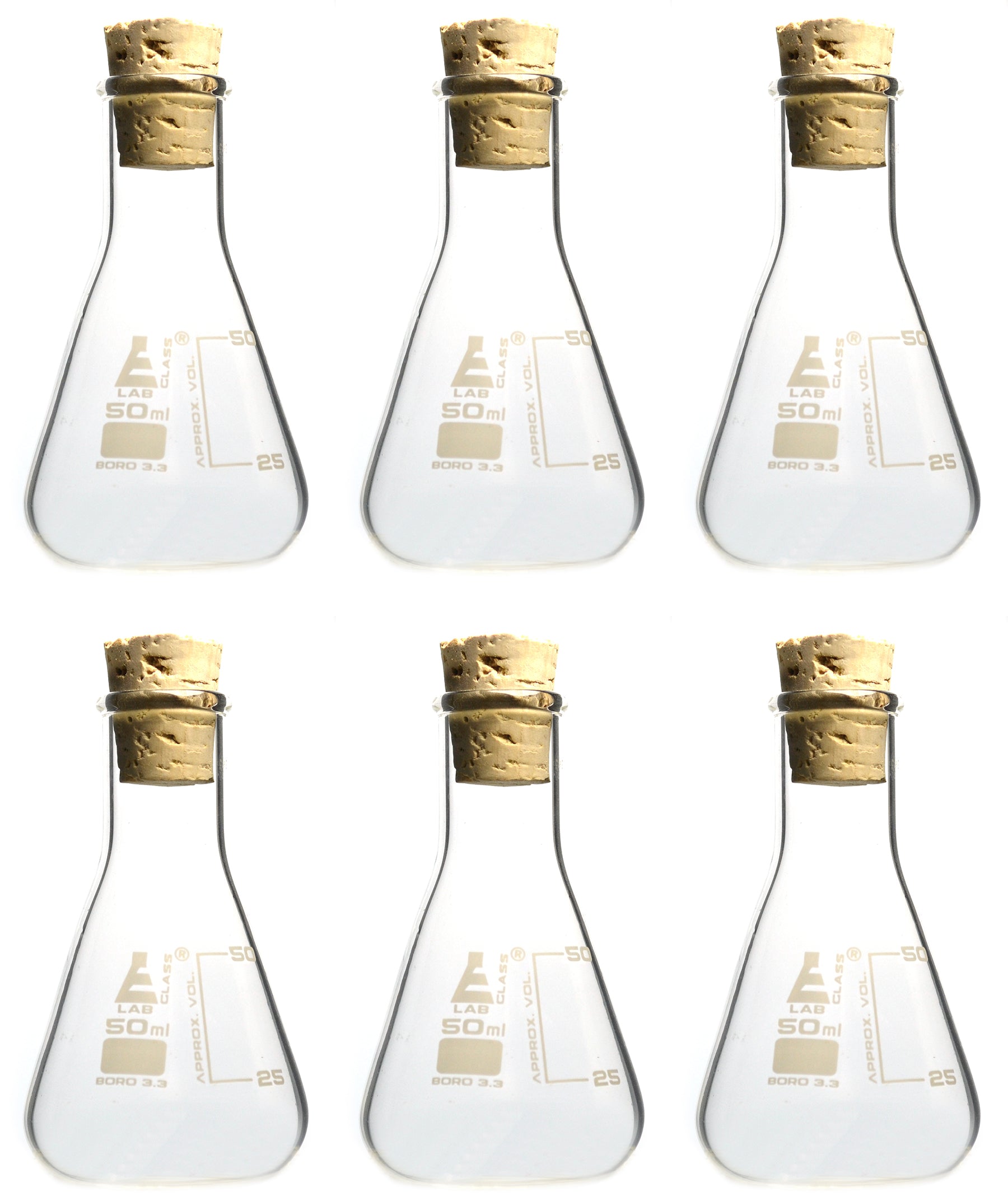 6-Pack Boiling Flasks with Cork Stoppers, 50mL, Borosilicate Glass