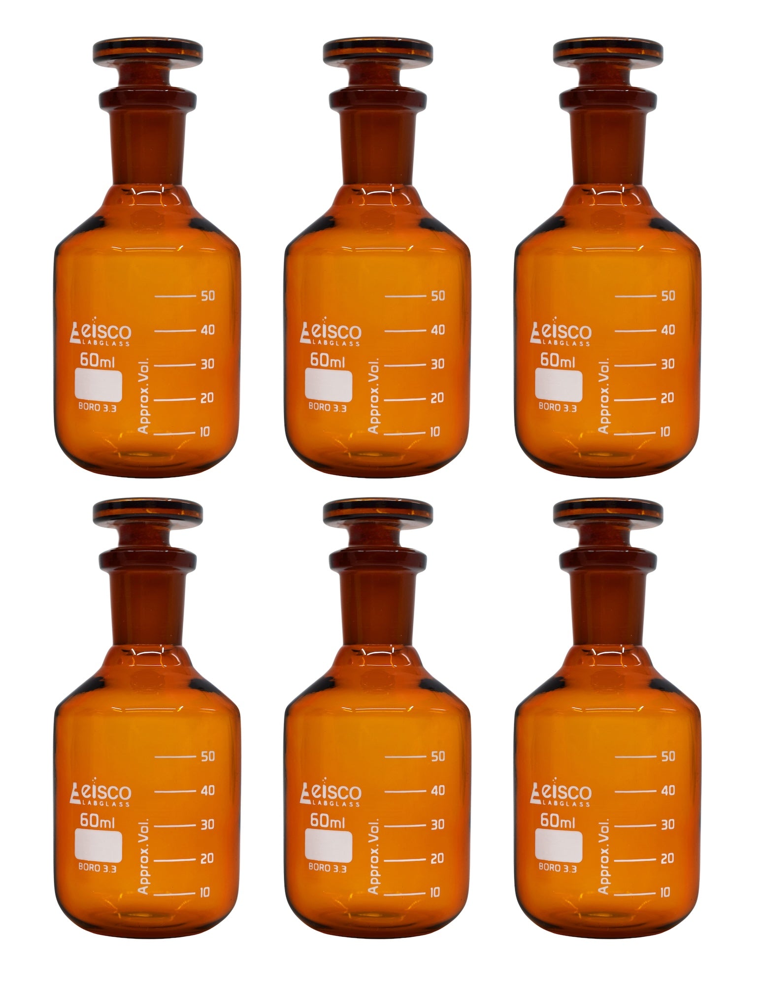 Graduated Narrow Mouth Amber Borosilicate Glass Reagent Bottle with Glass Stopper, 6-Pack