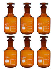 Graduated Narrow Mouth Amber Borosilicate Glass Reagent Bottle with Glass Stopper, 6-Pack