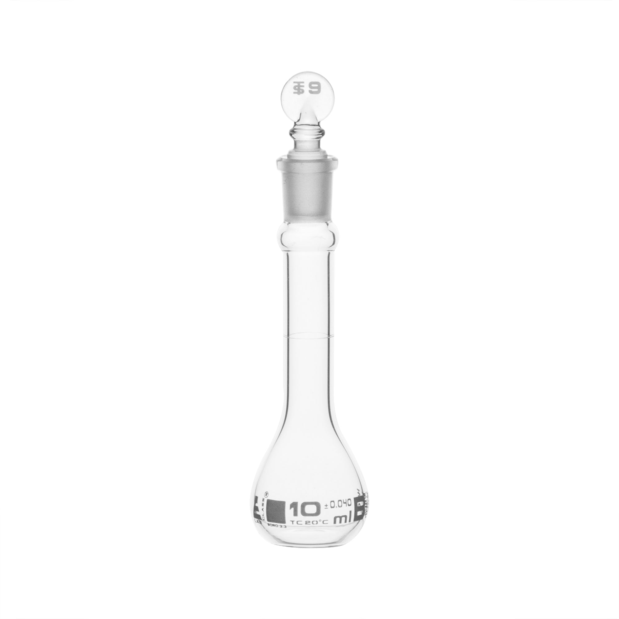 ASTM Class B Borosilicate Glass Volumetric Flask with Glass Stopper, White Graduations