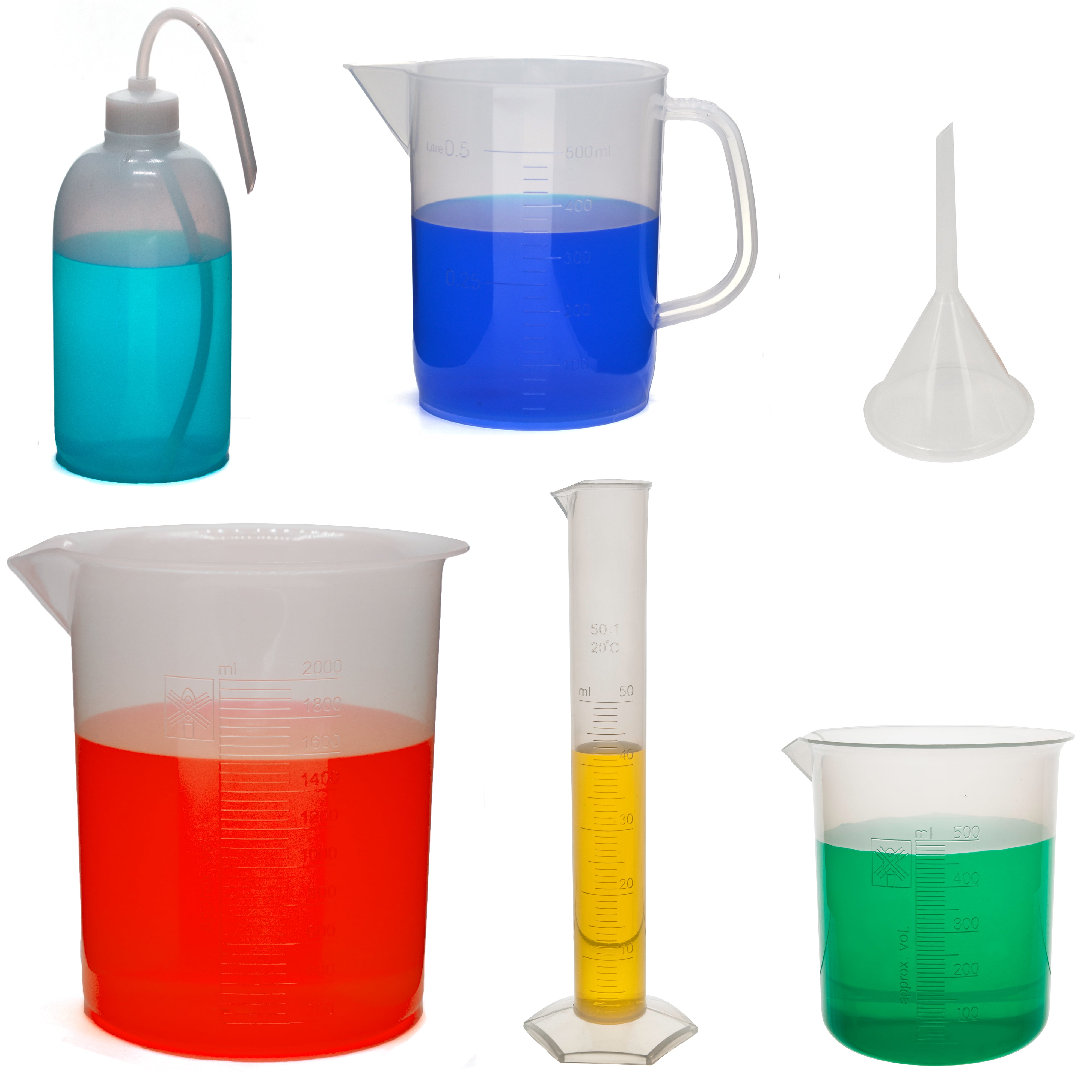 Laboratory Plastic Bath Kit with Beakers, Wash Bottle, Cylinder and Funnel