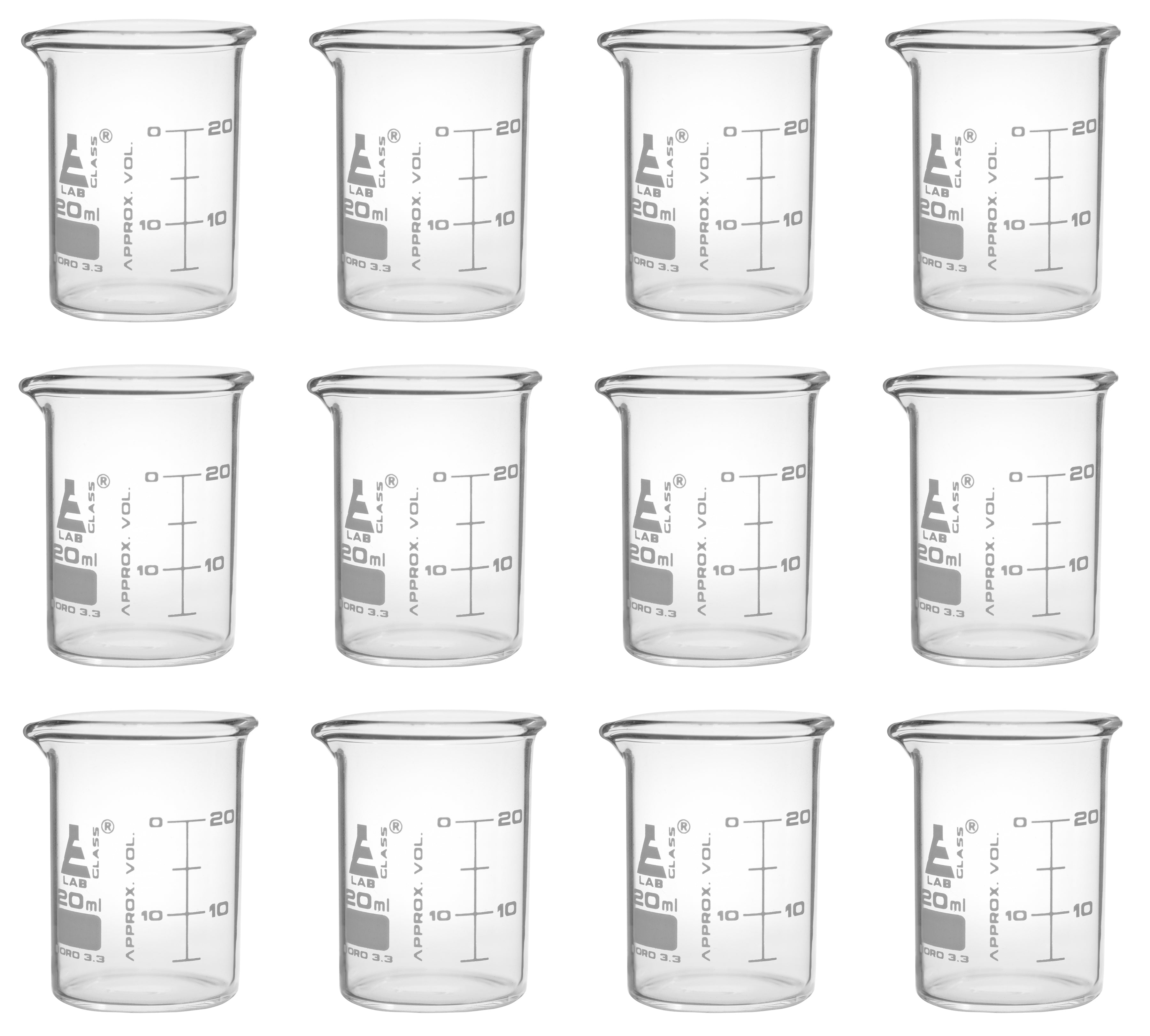 ASTM Low Form Borosilicate Glass Beaker with Dual Scale, 12-Pack