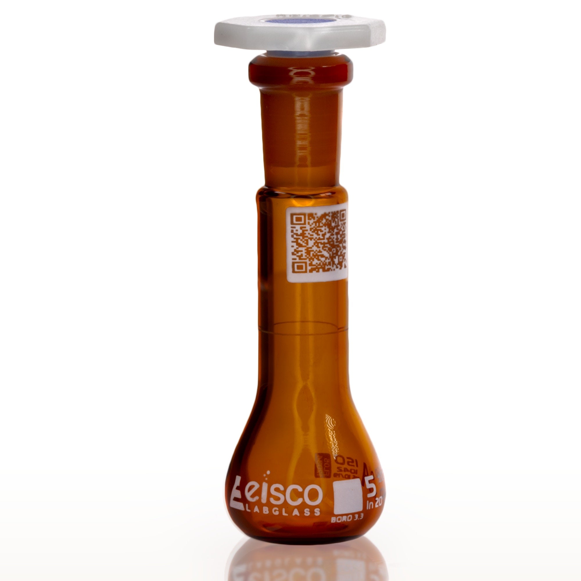 ASTM 1042 Class A Amber Volumetric Flask with 10/19 PE Stopper and QR Code, 5mL, Borosilicate Glass