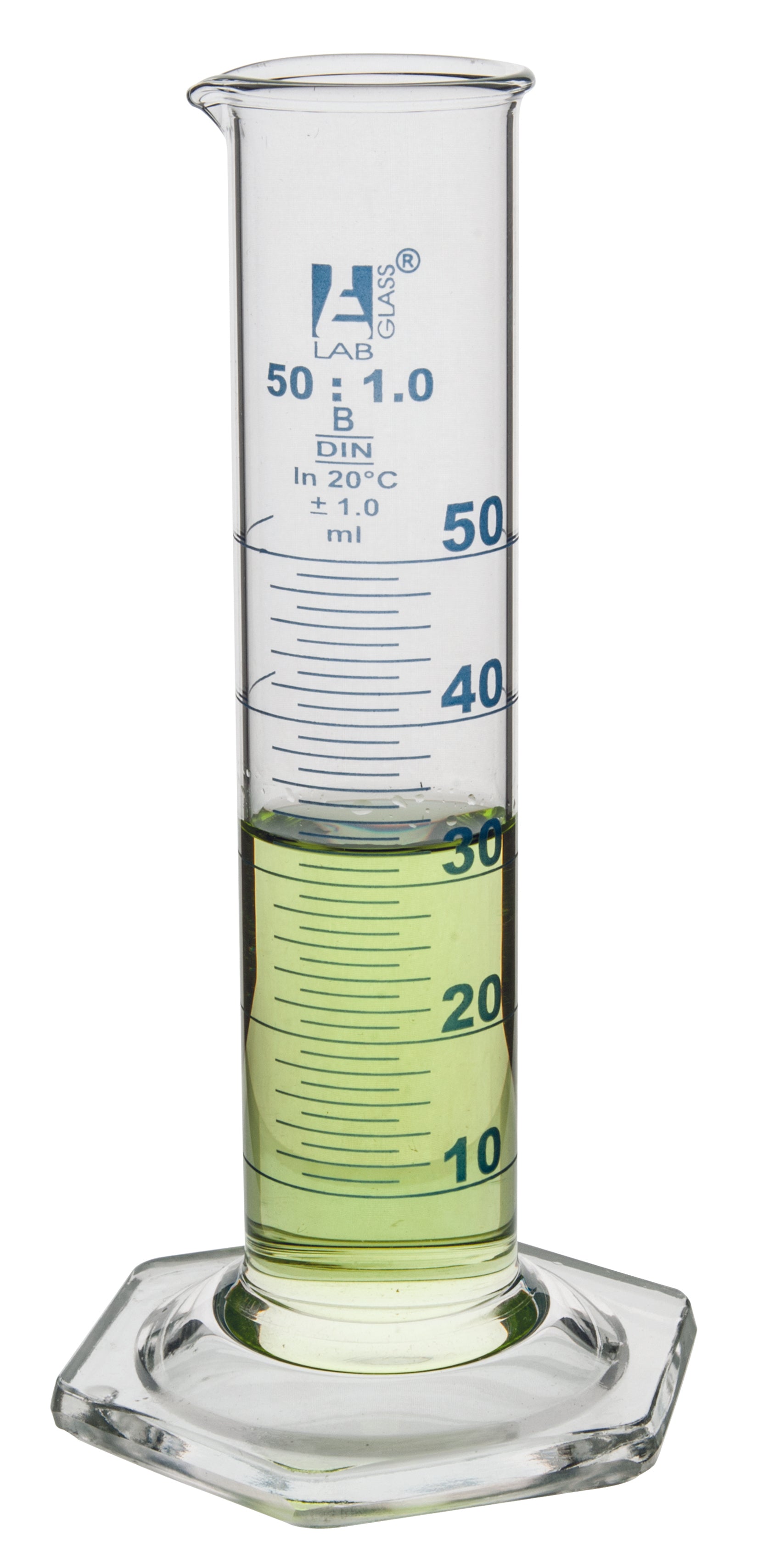 Class B Squat Form Borosilicate Glass Graduated Cylinder with Blue Graduations
