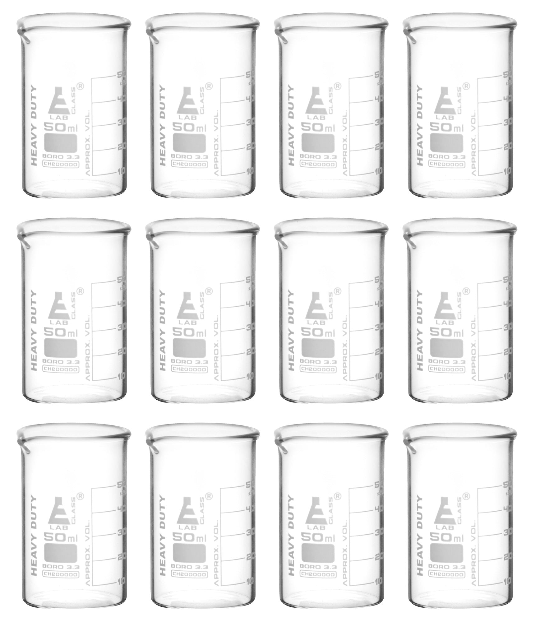Heavy Duty Borosilicate Glass Beaker with White Graduations, 12-Pack