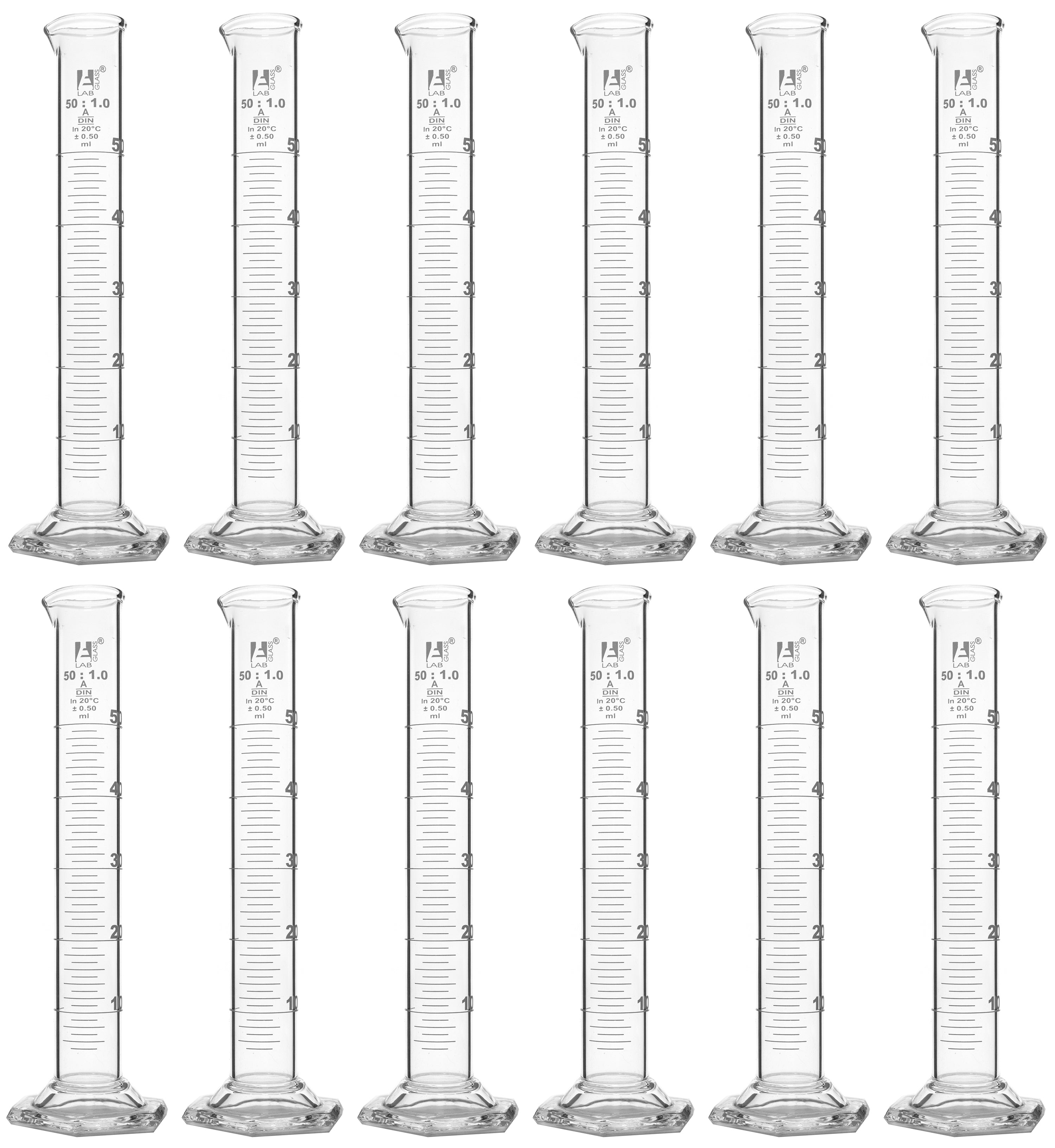 12-Pack Class A Graduated Cylinders with Hexagonal Base and Spout, 25mL, White Graduations, Borosilicate Glass
