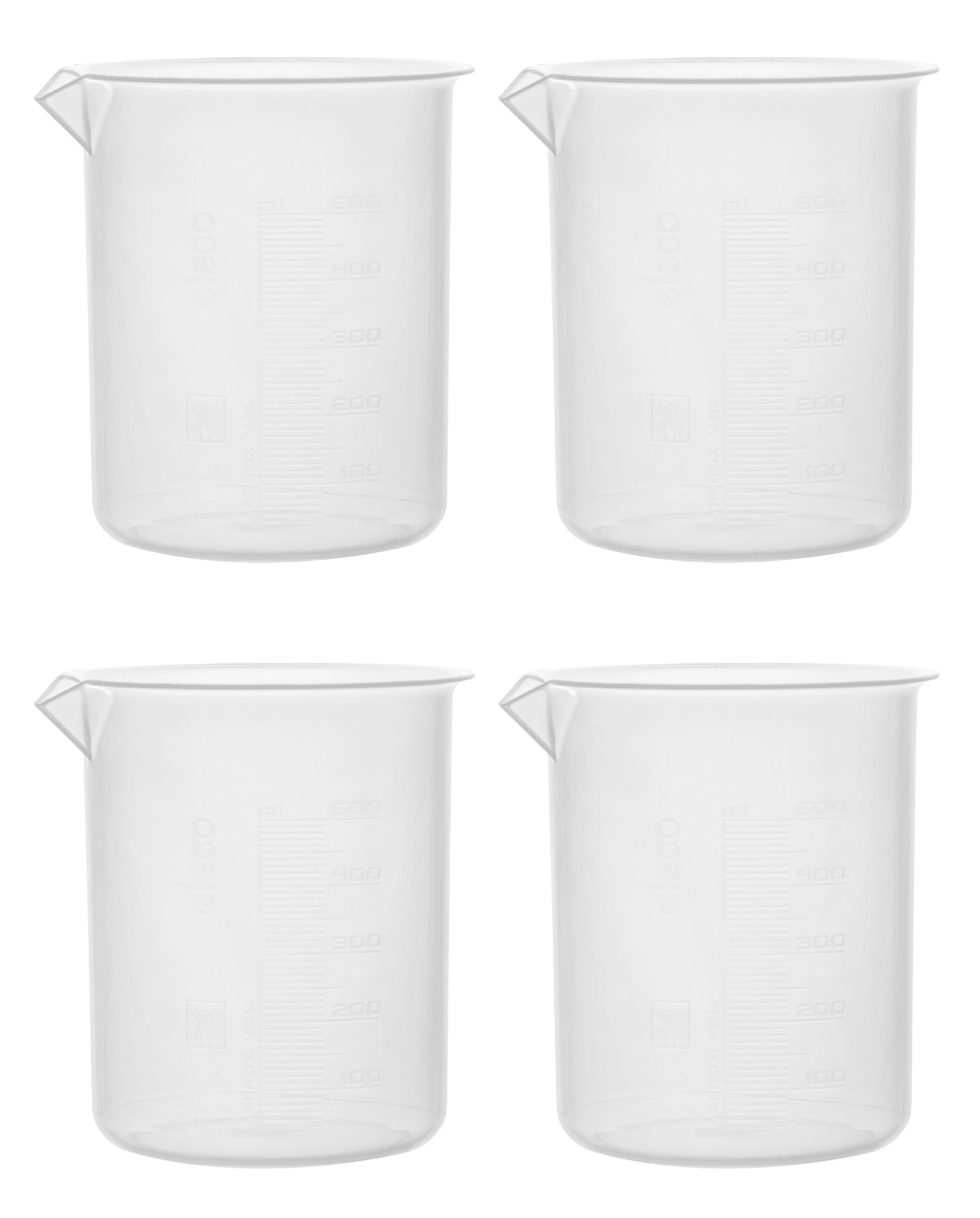 4-Pack Euro Design Polypropylene Beakers with Raised Graduations and Tapered Spout, 500mL
