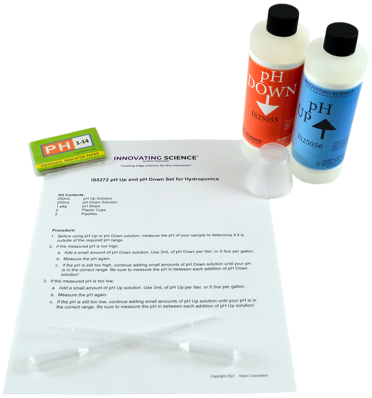 pH Up and Down Growth Medium Control Kit with Test Papers, Cups and Pipettes, 250mL Each