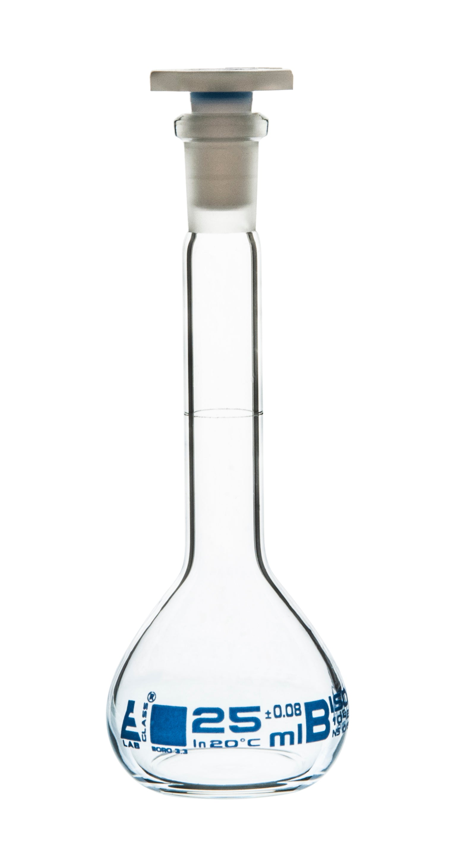 Class B Borosilicate Glass Volumetric Flask with Polyethylene Stopper, Blue Graduations