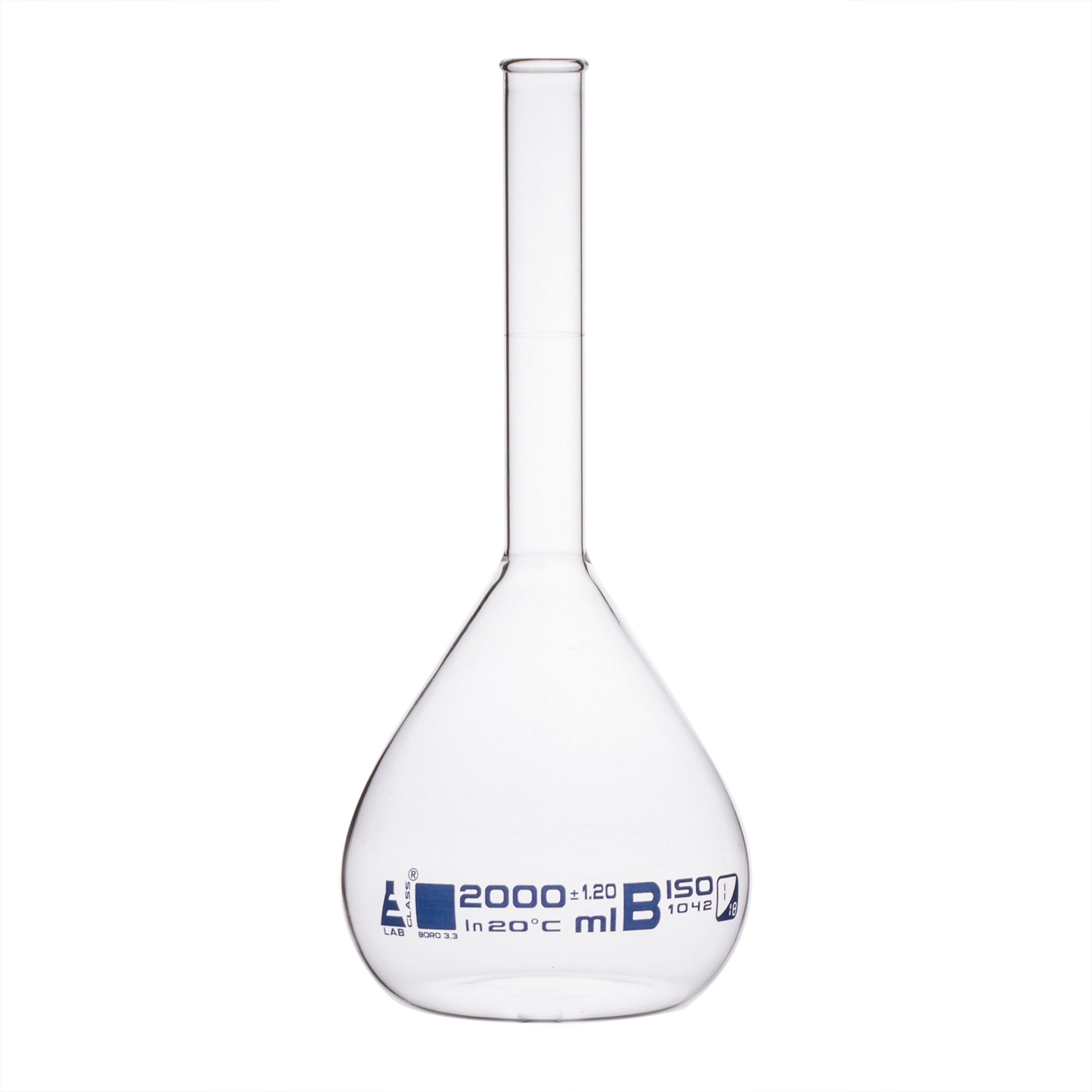 Class B Borosilicate Glass Volumetric Flask with Beaded Rim, Blue Graduations