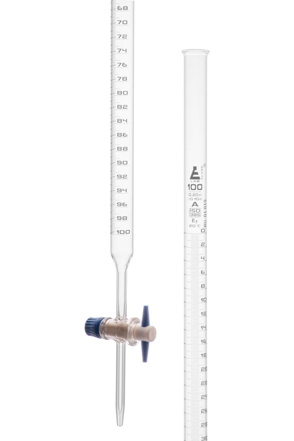 Class A Burette with PTFE Key Stopcock, 100mL, White Graduations, Borosilicate Glass