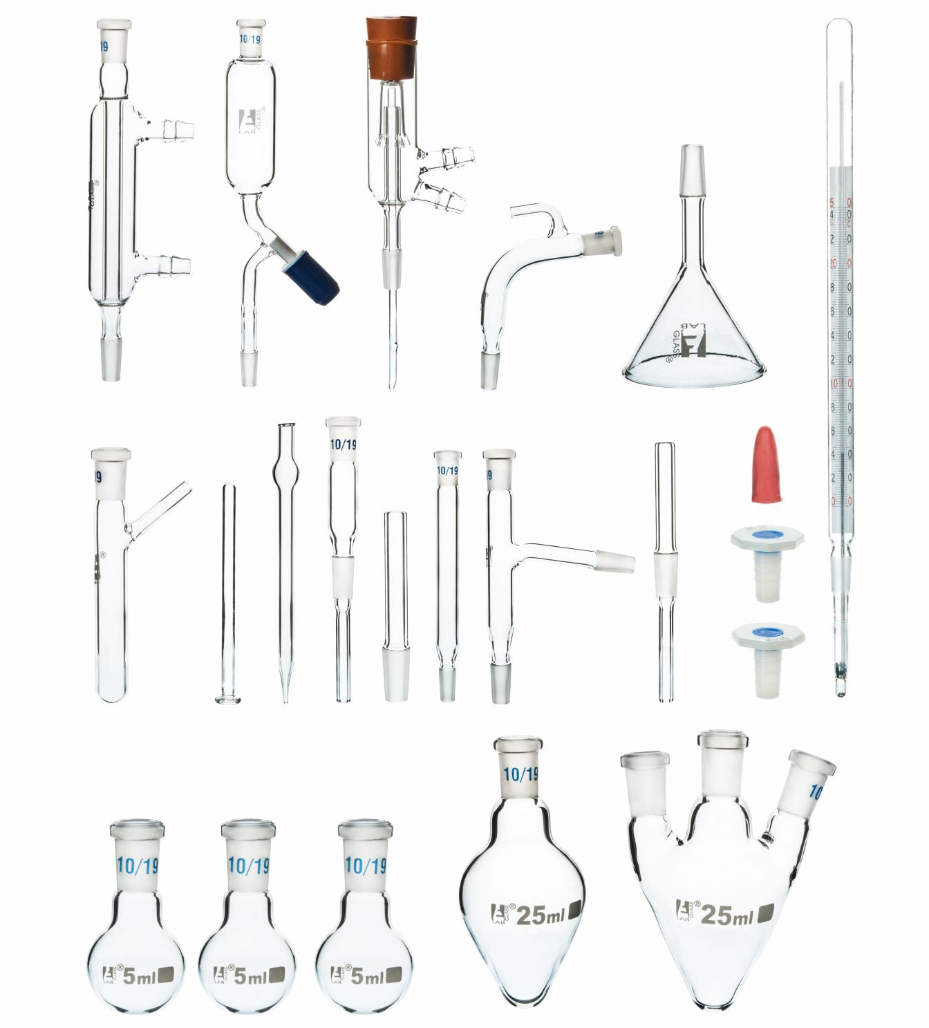 22-Piece Organic Chemistry Glassware Set, 10/19 Joint, Borosilicate Glass