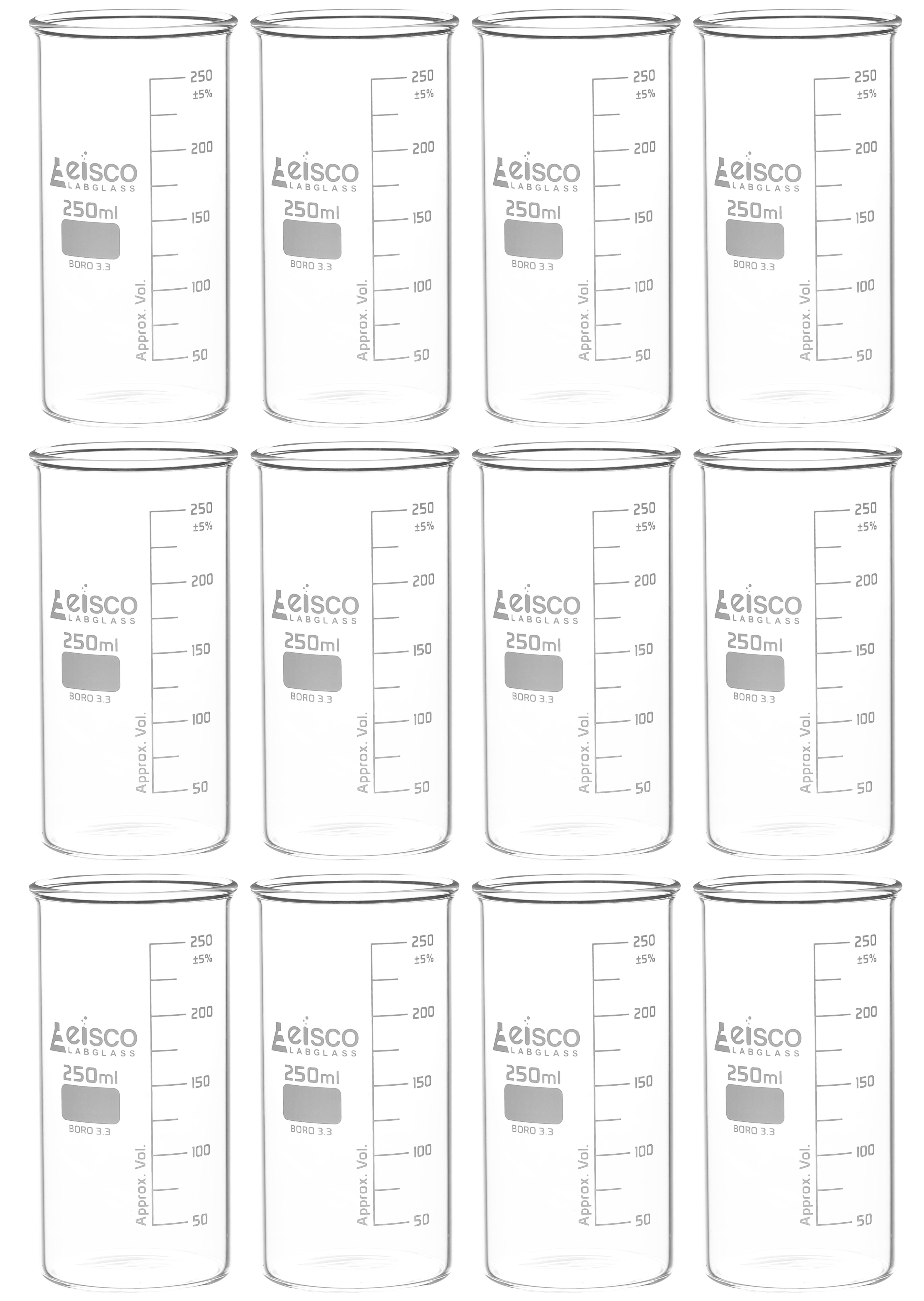 Tall Form Berzelius Borosilicate Glass Beaker, Graduated, 12-Pack