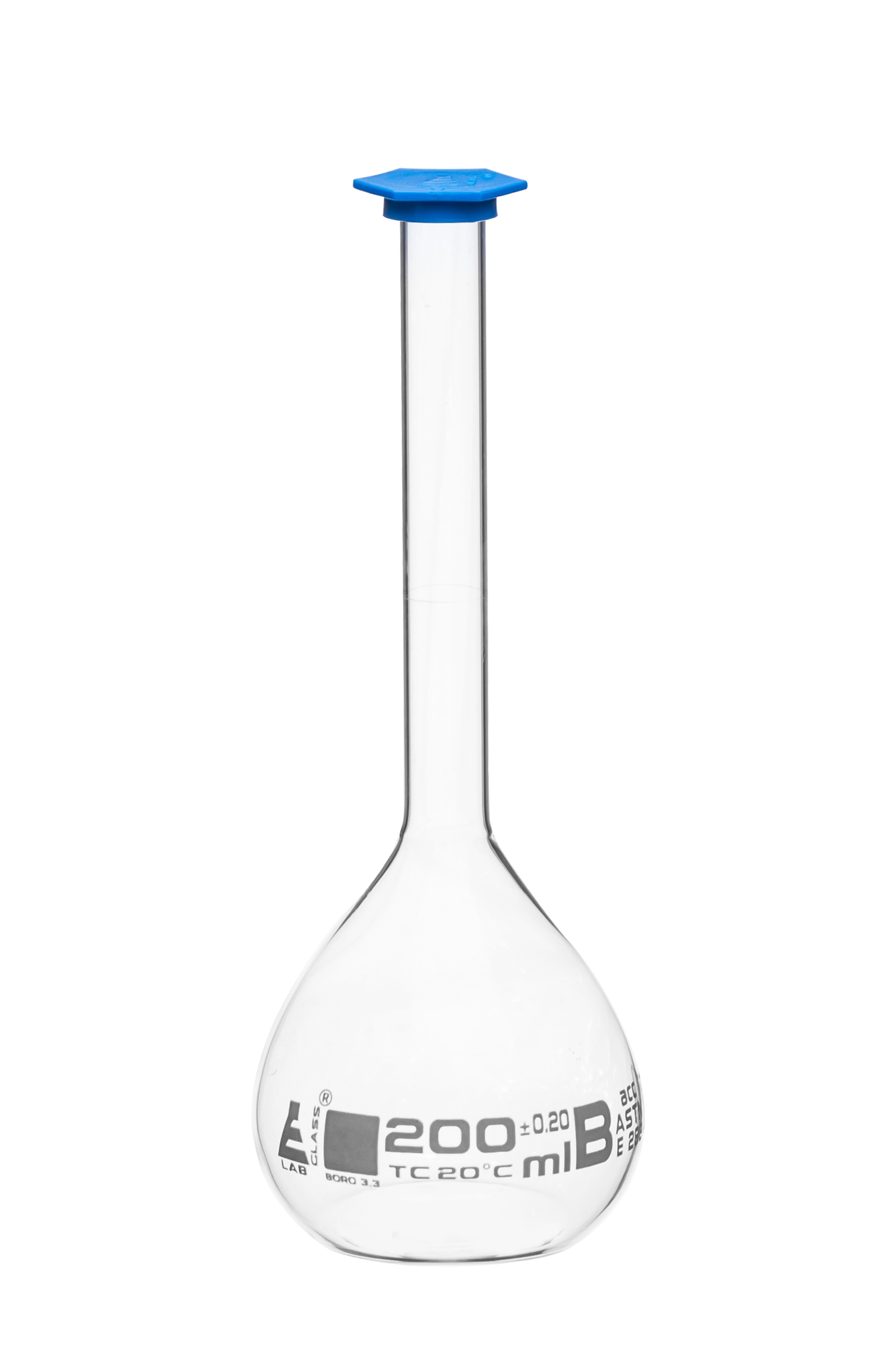 ASTM Class B Borosilicate Glass Volumetric Flask with Snap Cap, White Graduations