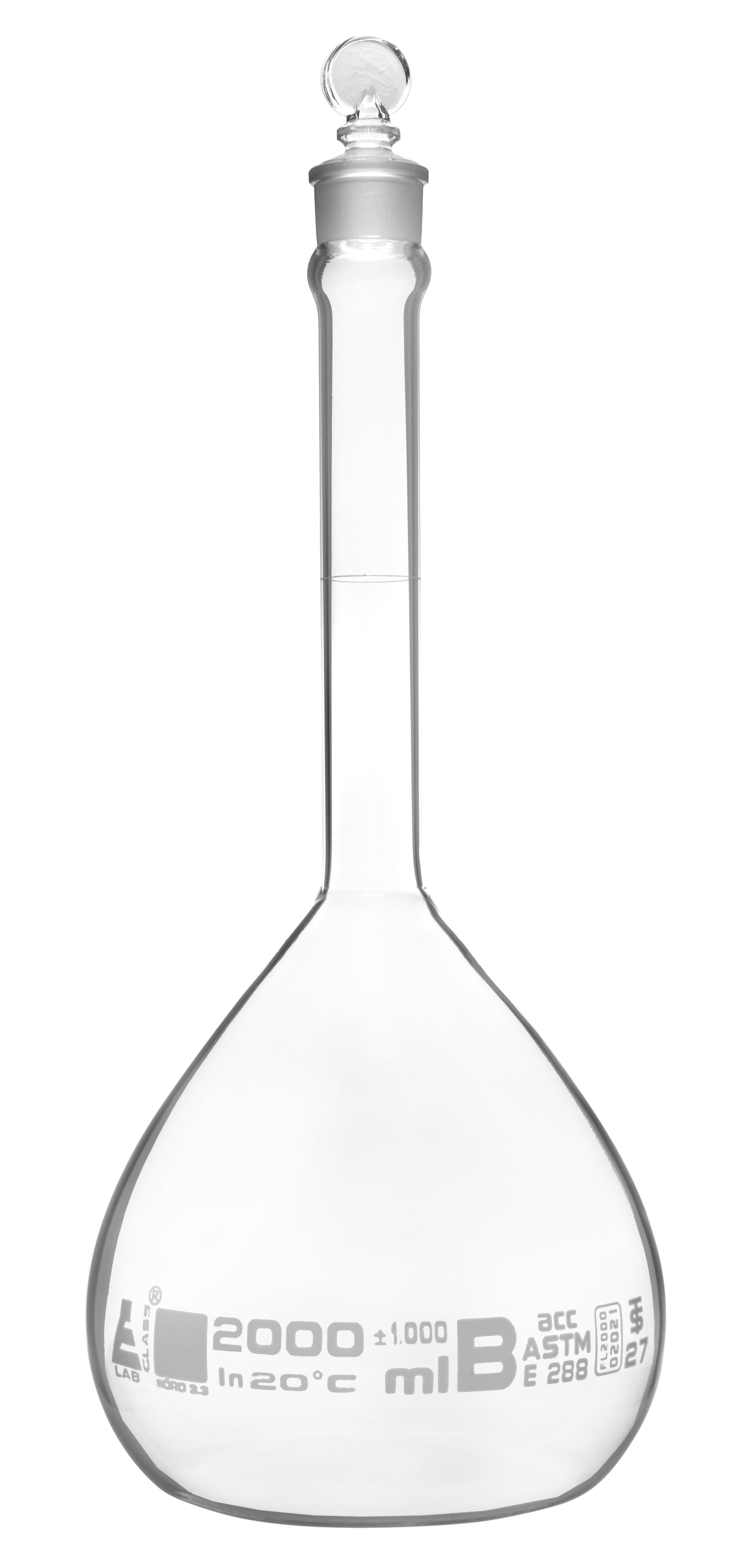 ASTM Class B Borosilicate Glass Volumetric Flask with Glass Stopper, White Graduations