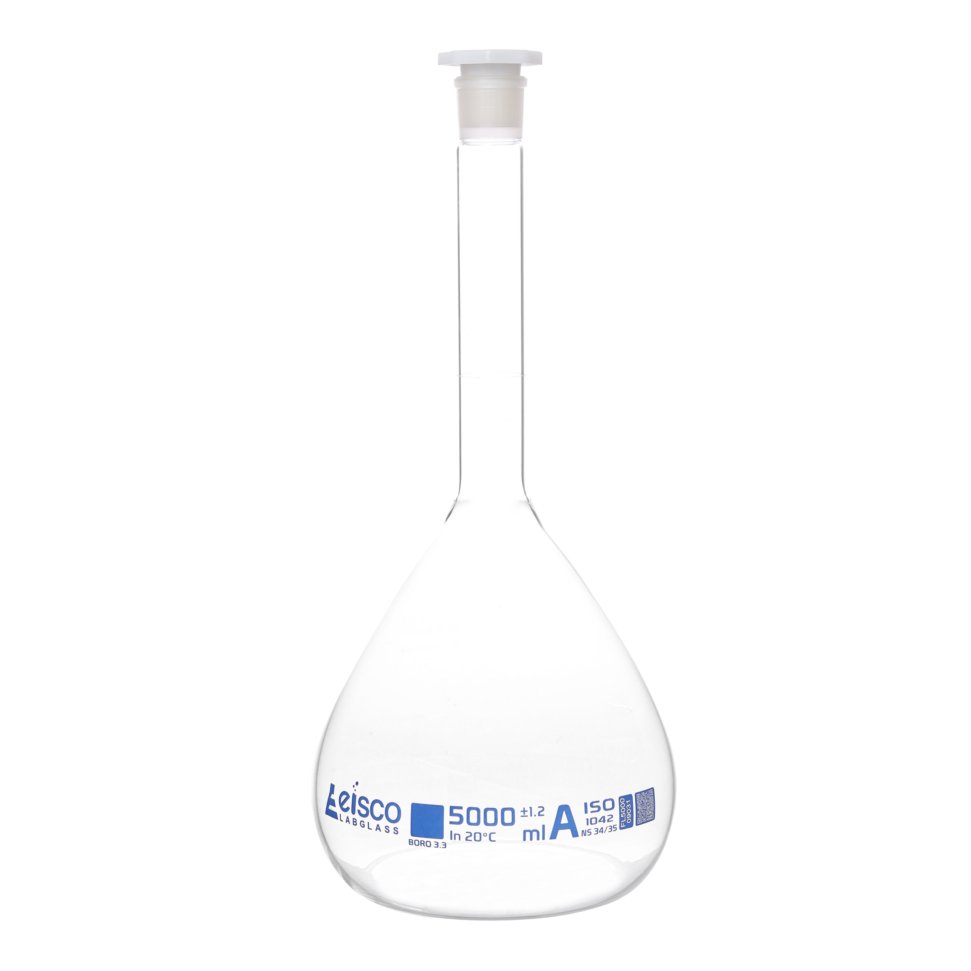 Volumetric Flask, 5000mL - Class A - Borosilicate Glass, Polyethylene Stopper, 34/35 Socket - QR Code Marking for Calibration Certificate