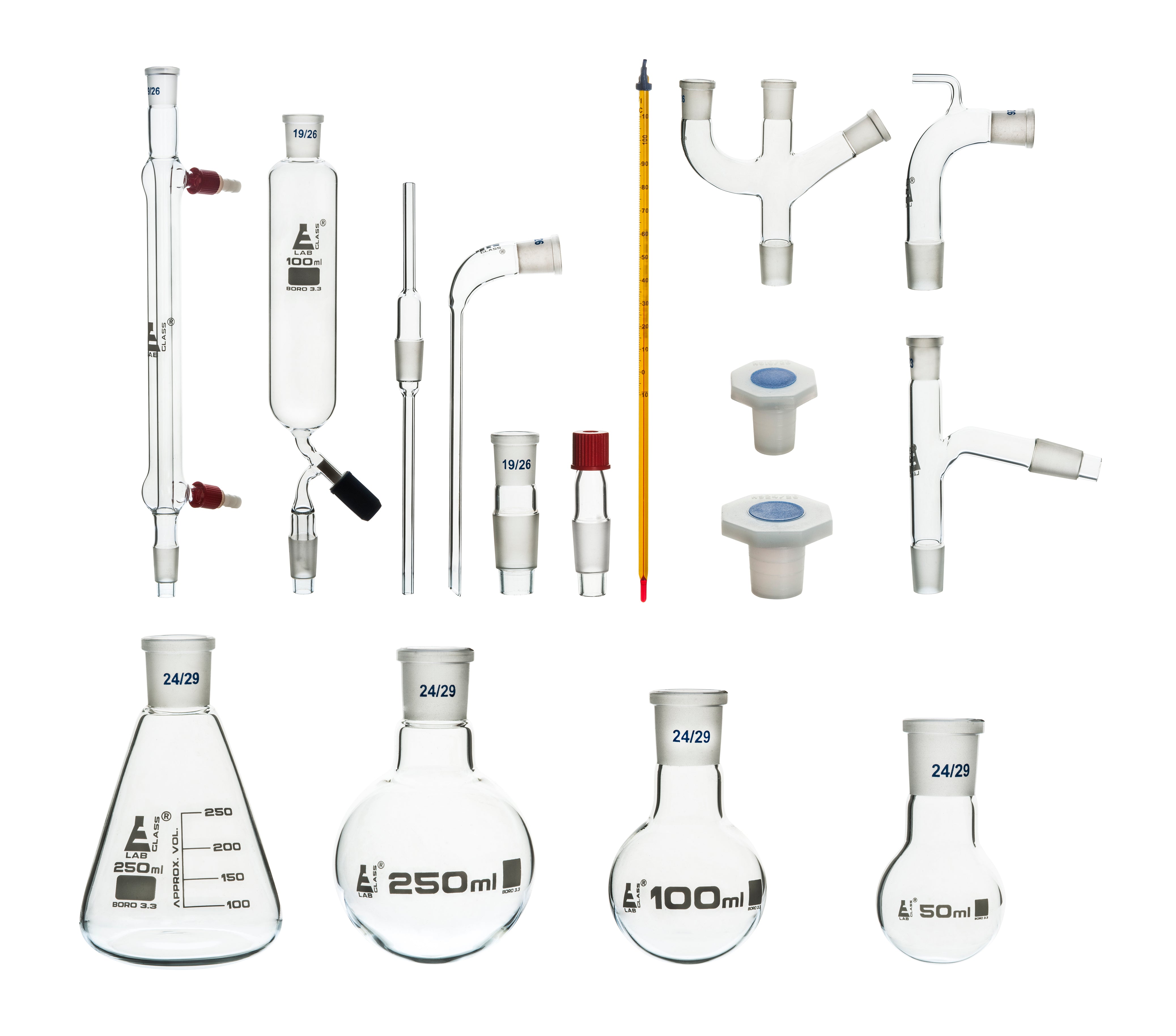 17-Piece Advanced Organic Chemistry Distillation Glassware Set in Plastic Case, Borosilicate Glass