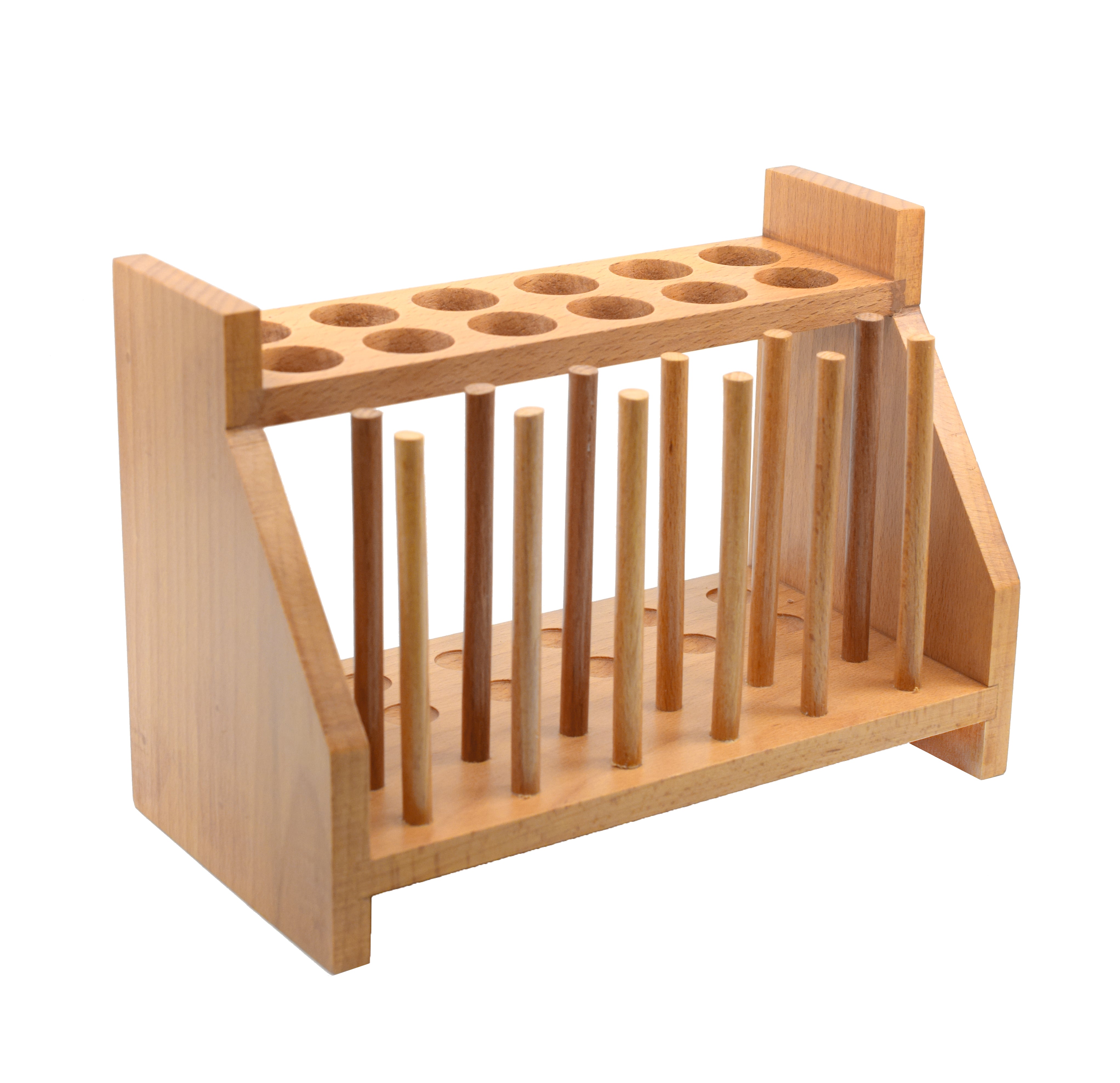 12-Tube Premium Wooden Test Tube Rack with Draining Pins, 9.3" Wide