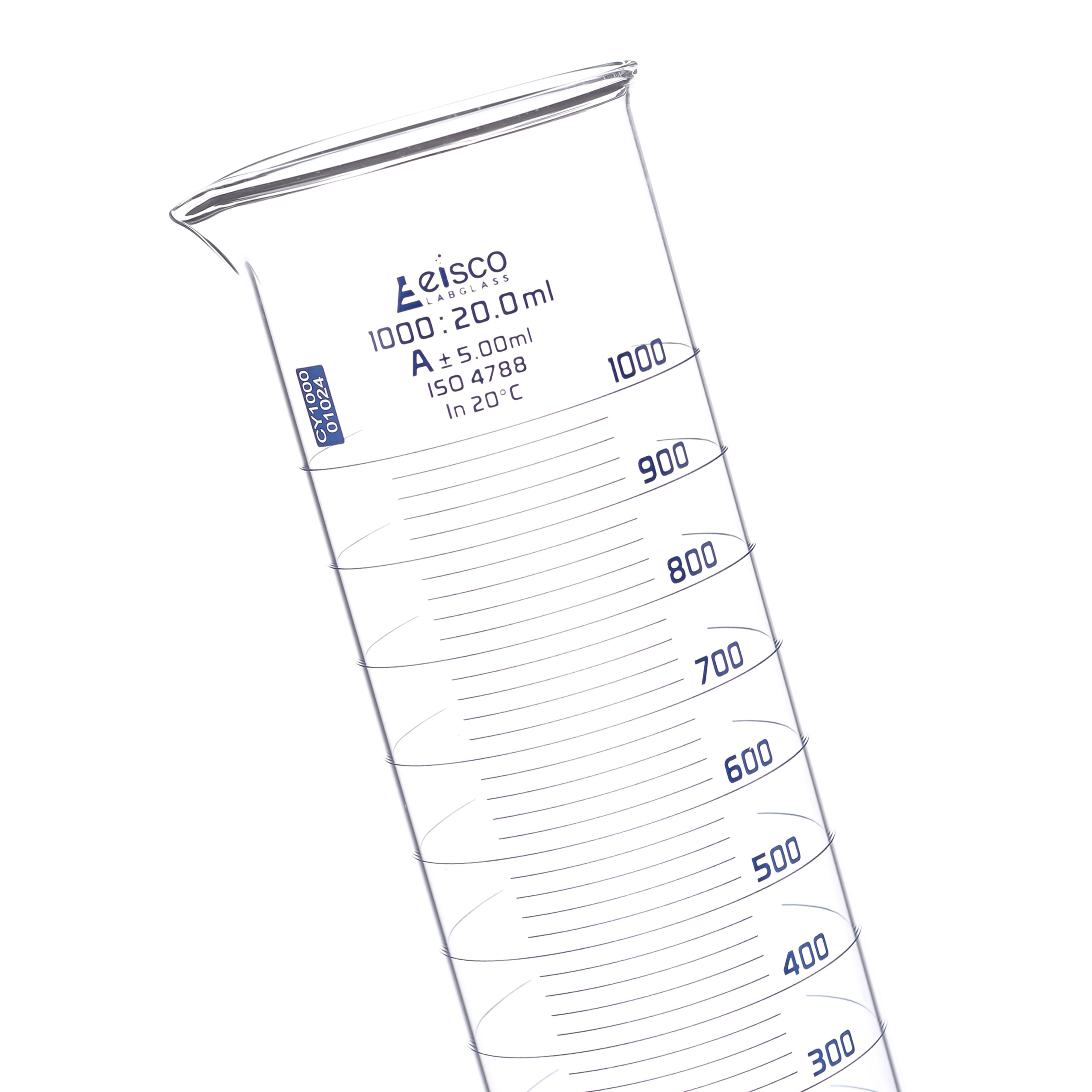 Class A Squat Form Graduated Cylinder, 1000mL, ISO 4788 Certified, Borosilicate Glass