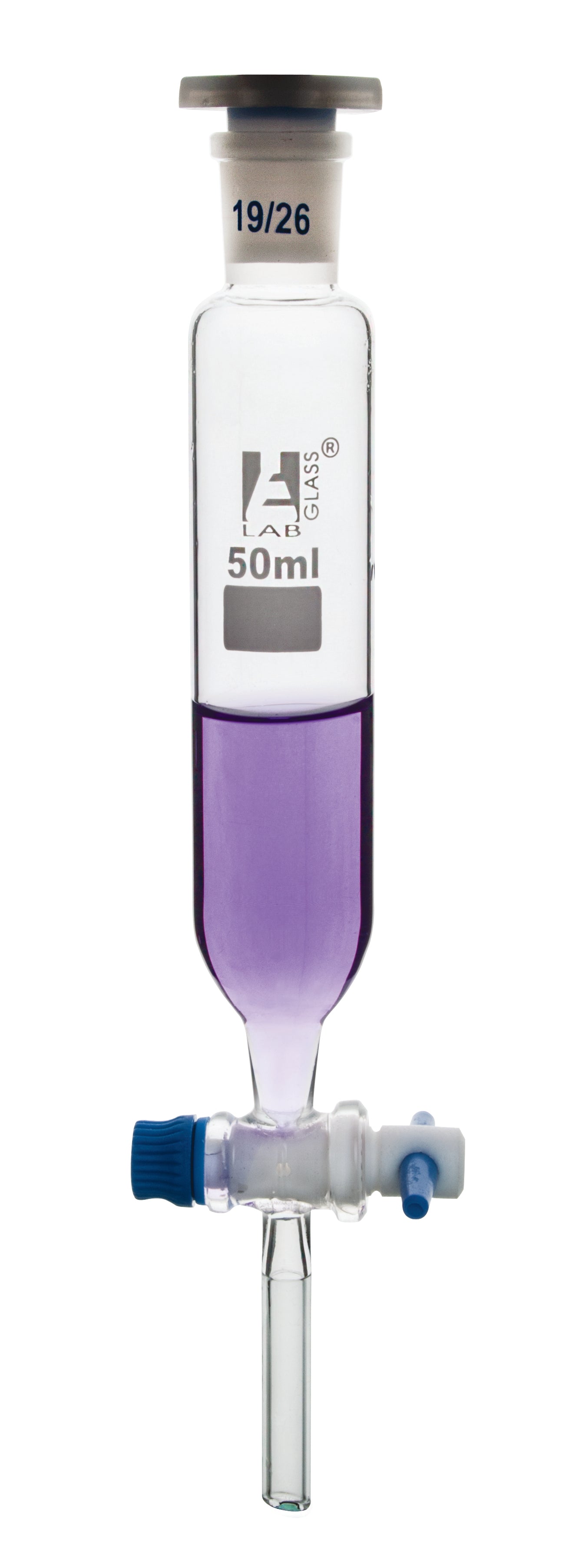 Cylindrical Dropping Funnel with PTFE Stopcock and 19/26 Plastic Stopper, 50mL, Borosilicate Glass