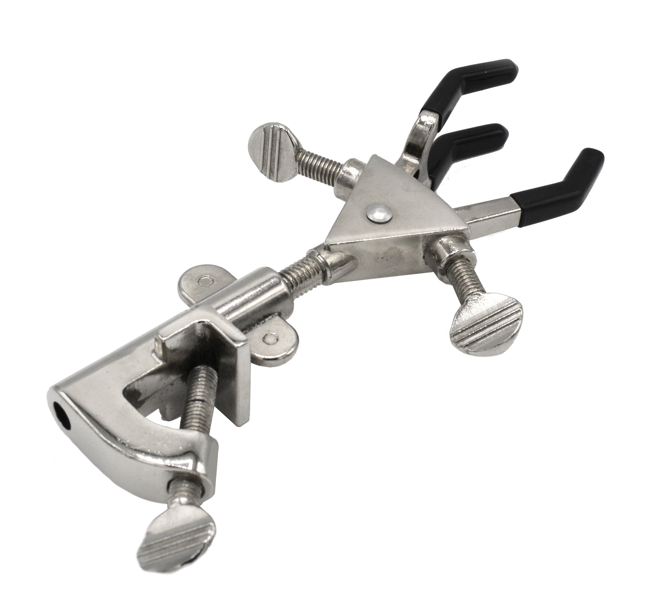 3-Prong Double-Adjustable Universal Clamp with Vinyl Grip and Swivel Boss, 21mm Rod