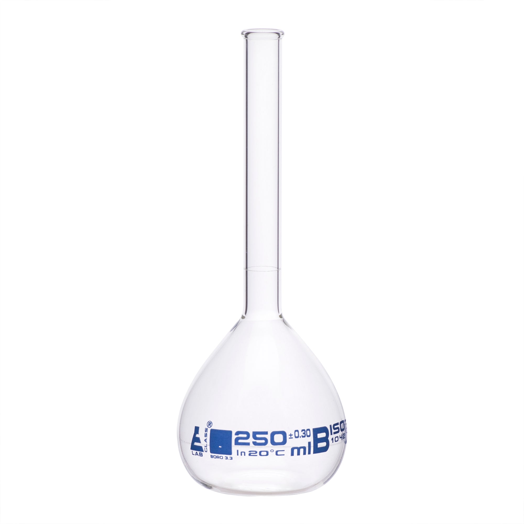Class B Borosilicate Glass Volumetric Flask with Beaded Rim, Blue Graduations