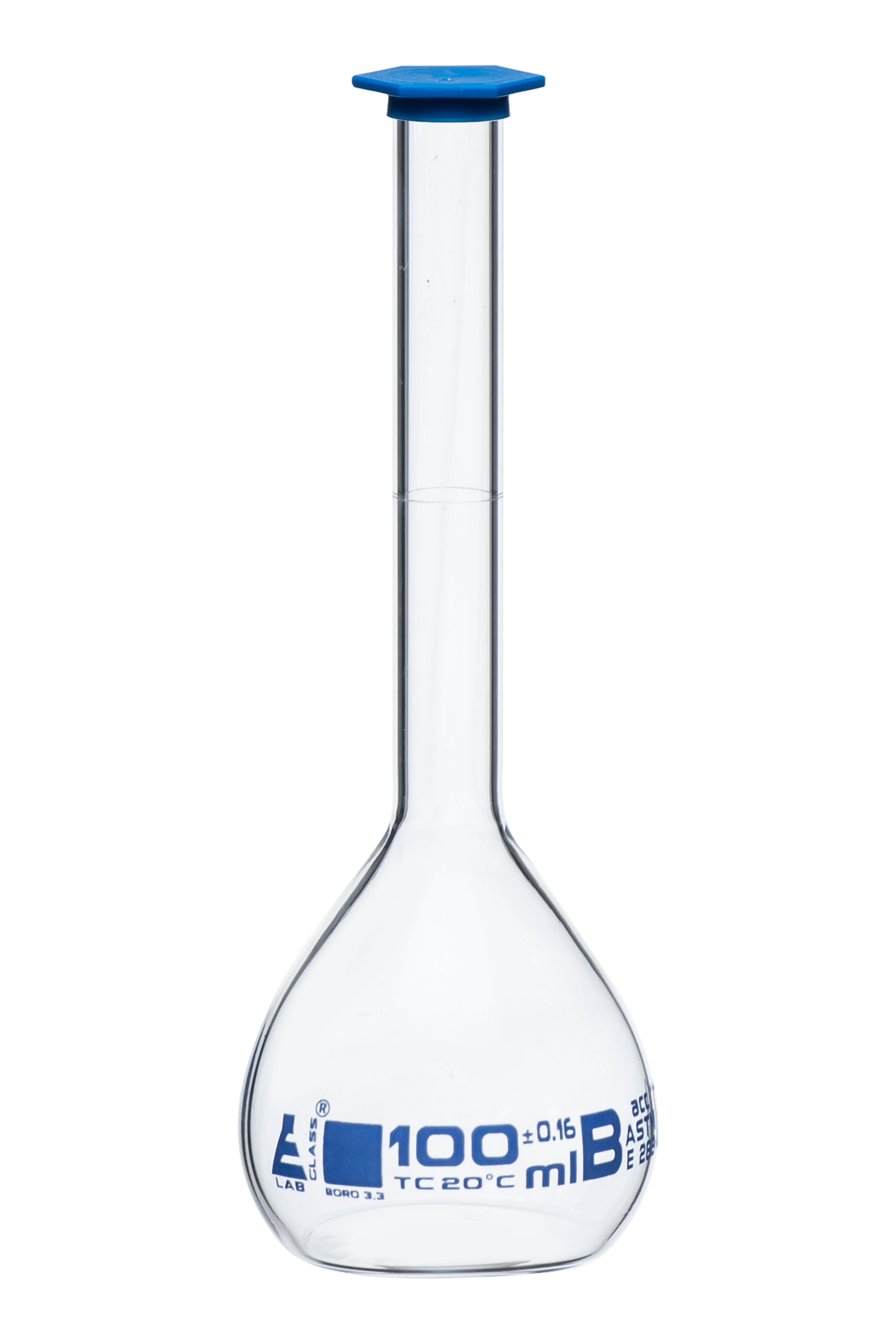 ASTM Class B Volumetric Flask with Snap Cap, 100mL, White Graduations, Borosilicate Glass