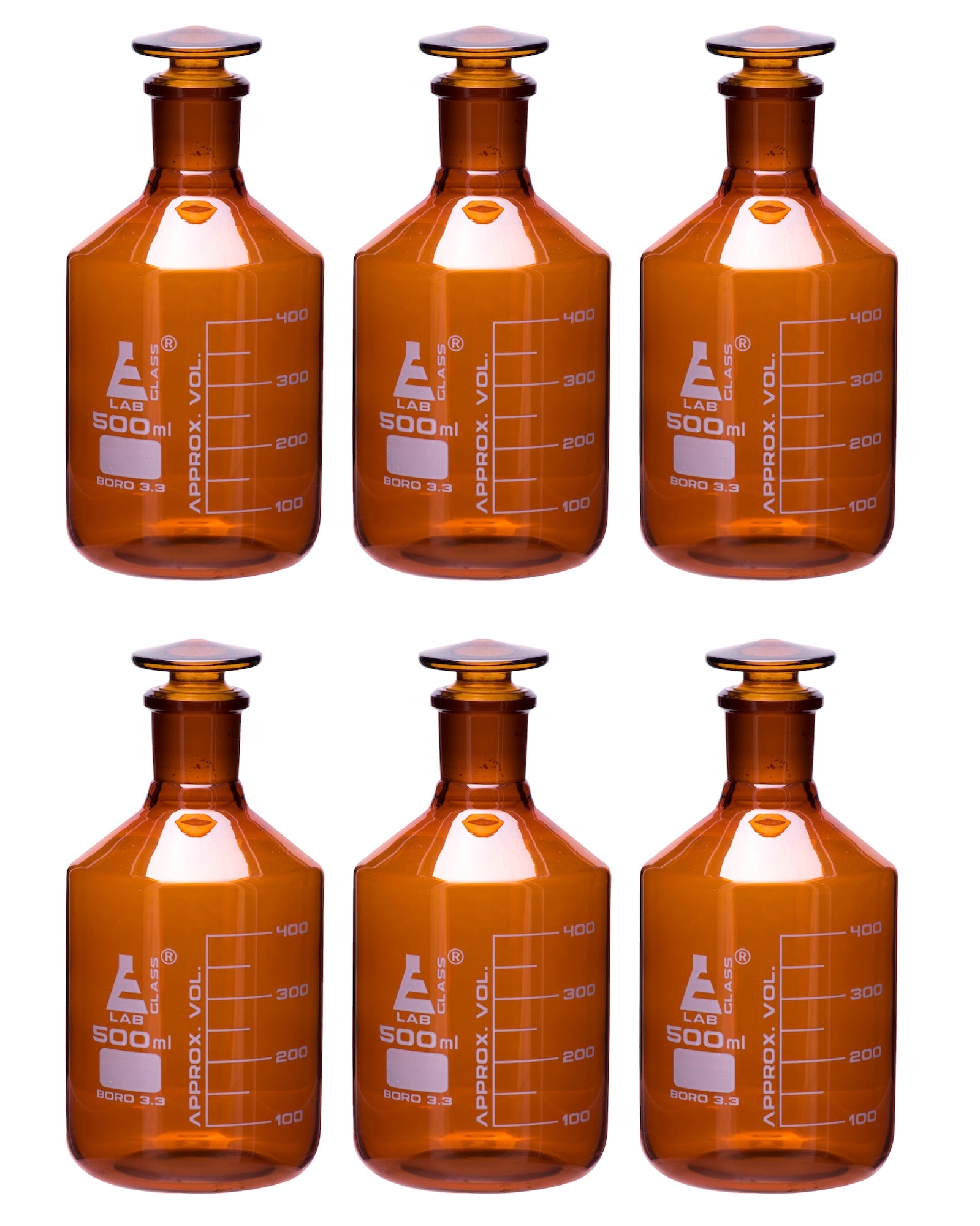 Graduated Narrow Mouth Amber Borosilicate Glass Reagent Bottle with Glass Stopper, 6-Pack