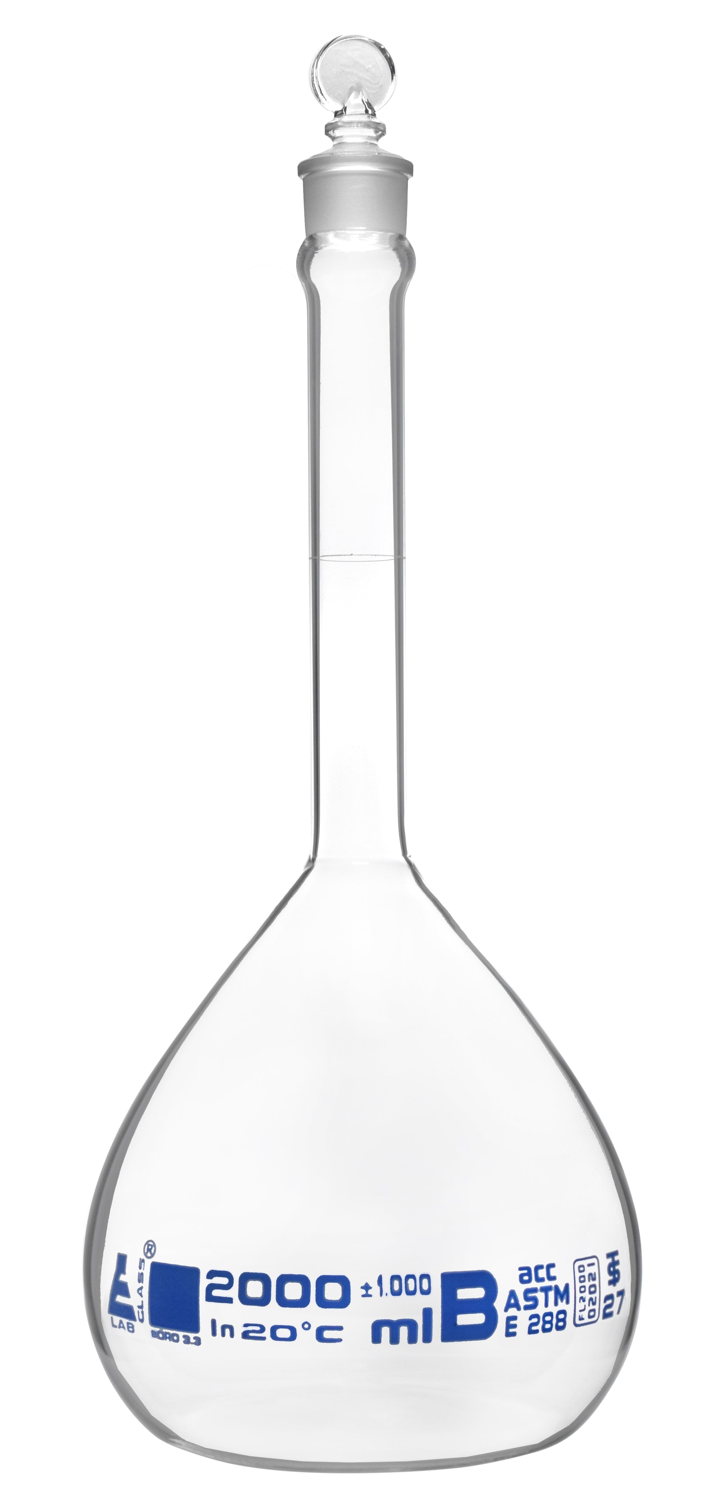 ASTM Class B Borosilicate Glass Volumetric Flask with Glass Stopper, Blue Graduations