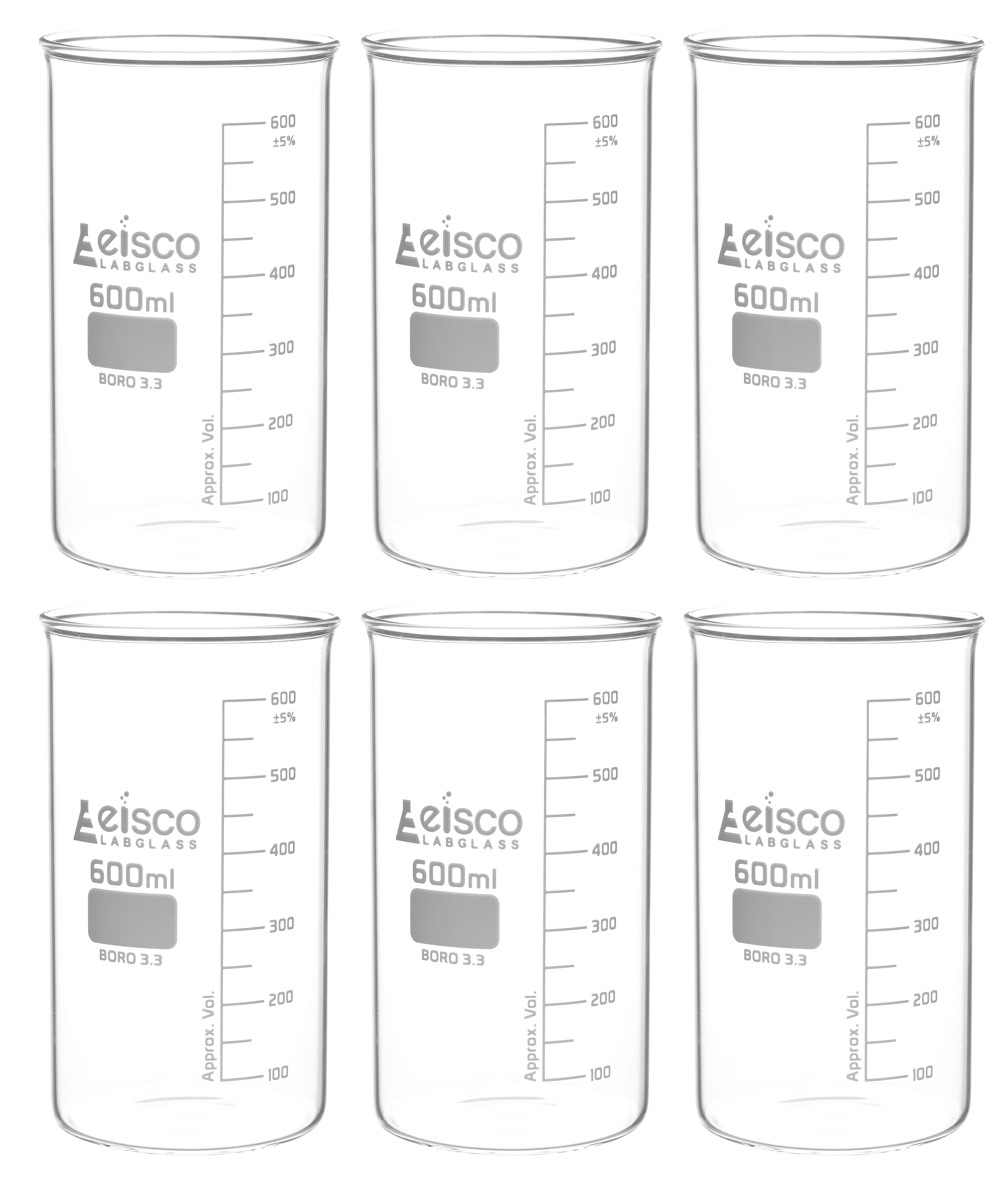 Tall Form Berzelius Borosilicate Glass Beaker, Graduated, 6-Pack