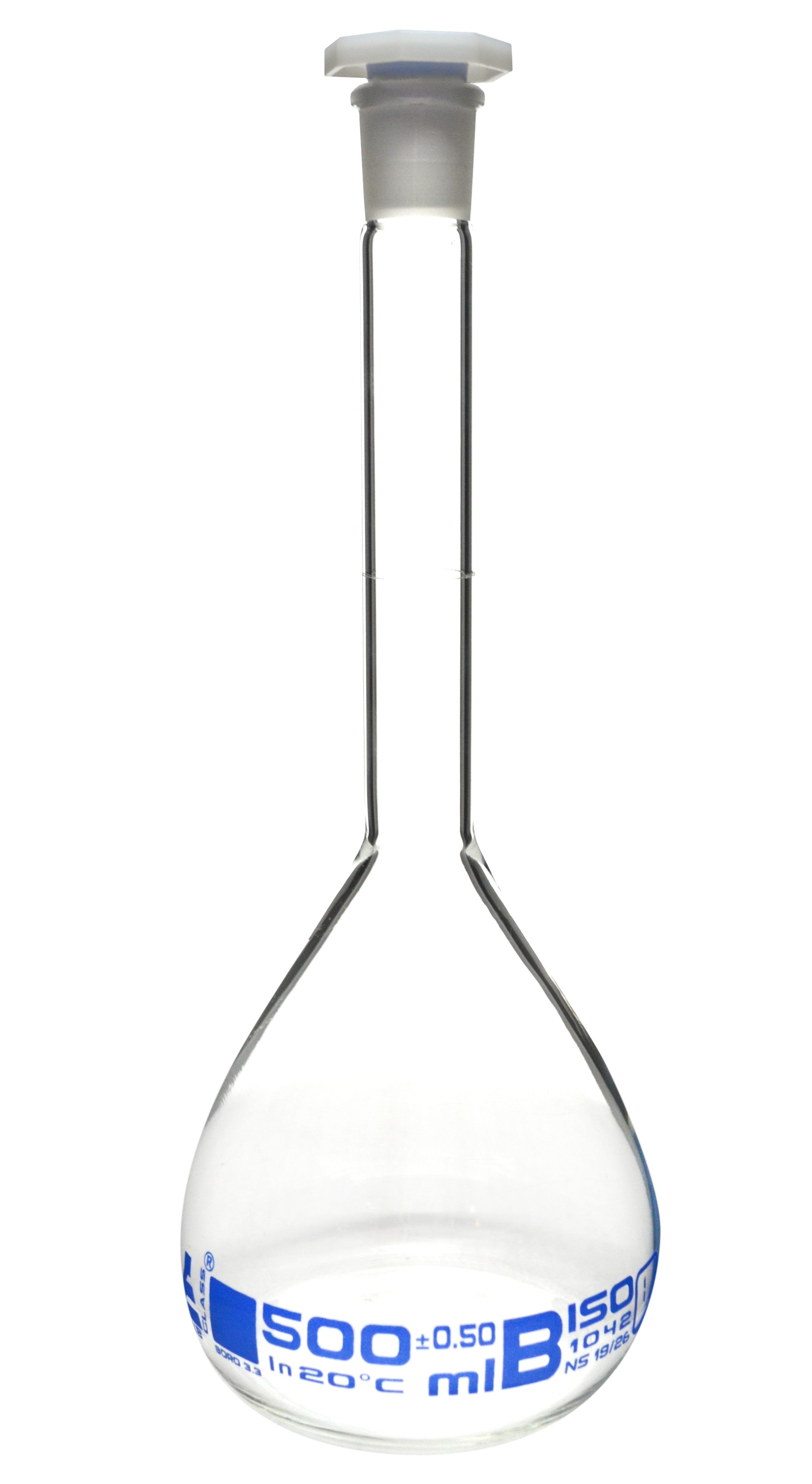 Class B Borosilicate Glass Volumetric Flask with Polyethylene Stopper, Blue Graduations