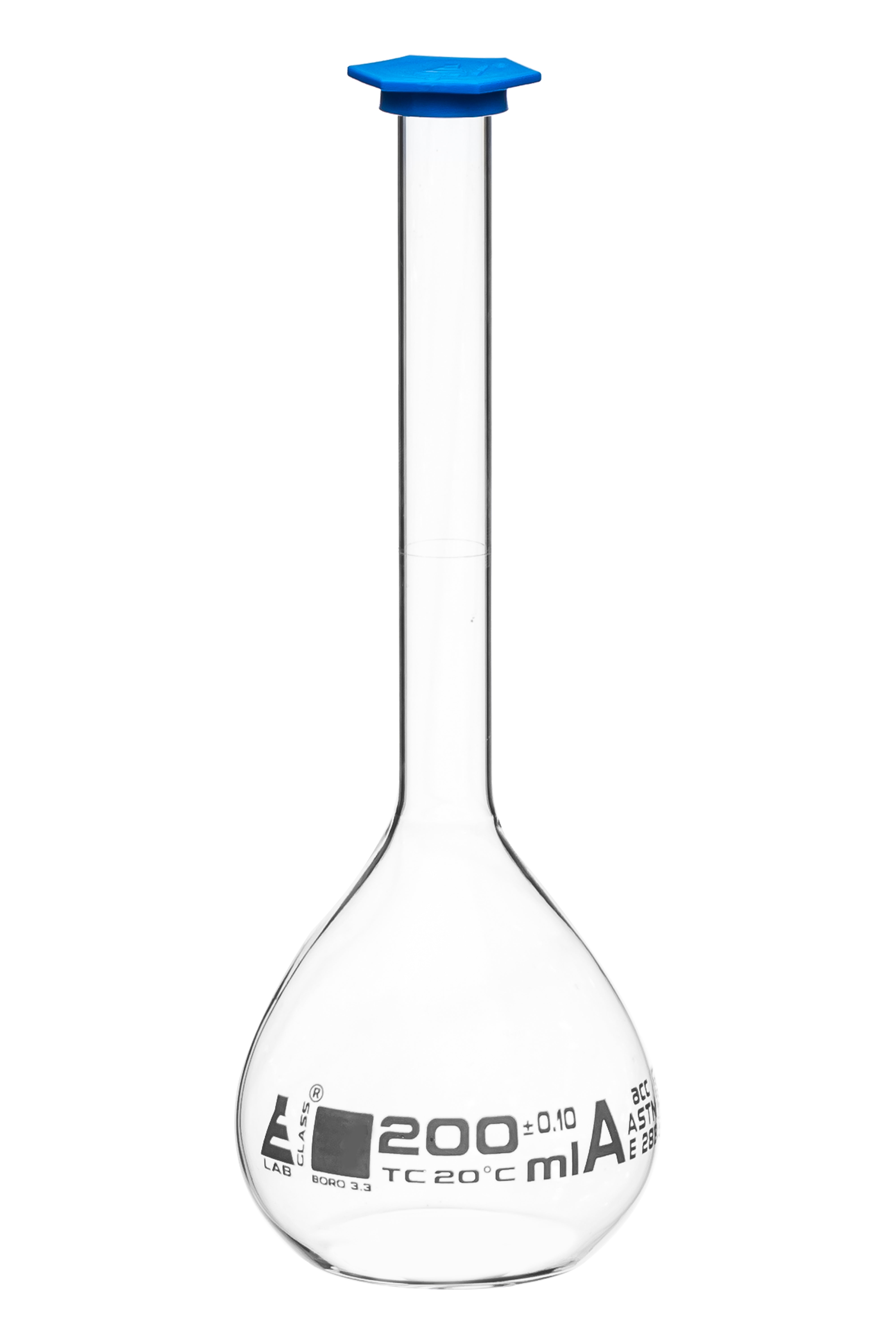 ASTM Class A Borosilicate Glass Volumetric Flask with Snap Cap, White Graduations