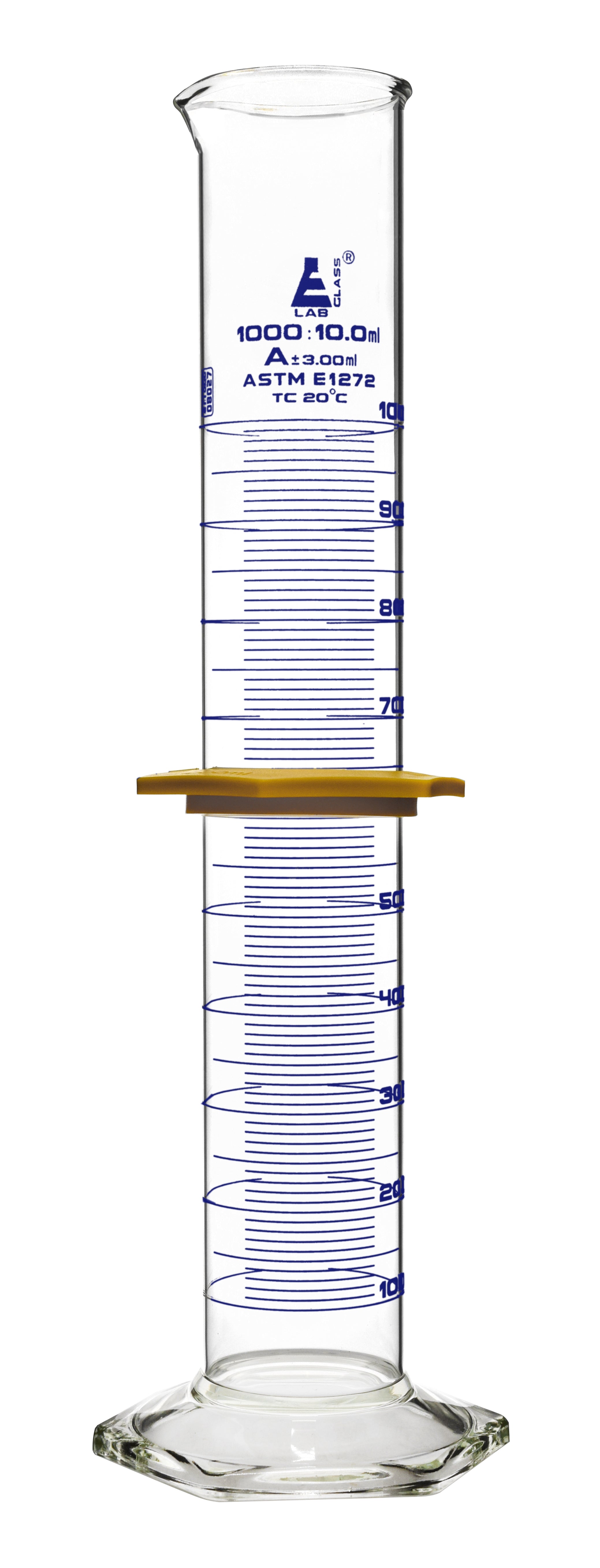 Class A Borosilicate Glass Graduated Cylinder with Protective Collar, Blue Graduations