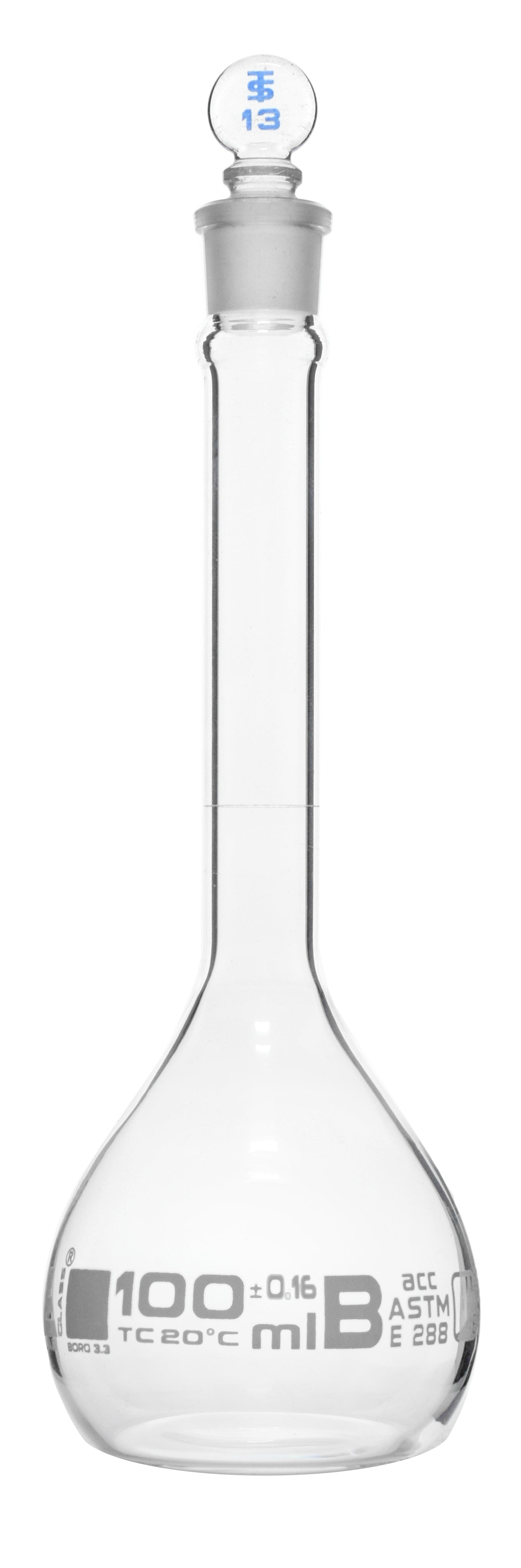 ASTM Class B Borosilicate Glass Volumetric Flask with Glass Stopper, White Graduations