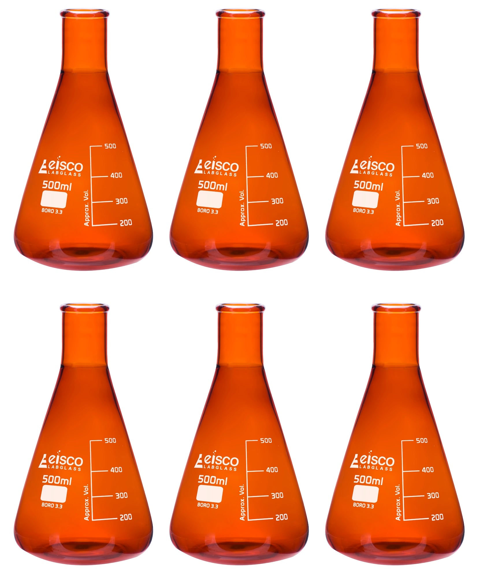Narrow Neck Amber Borosilicate Glass Erlenmeyer Flask, 6-Pack