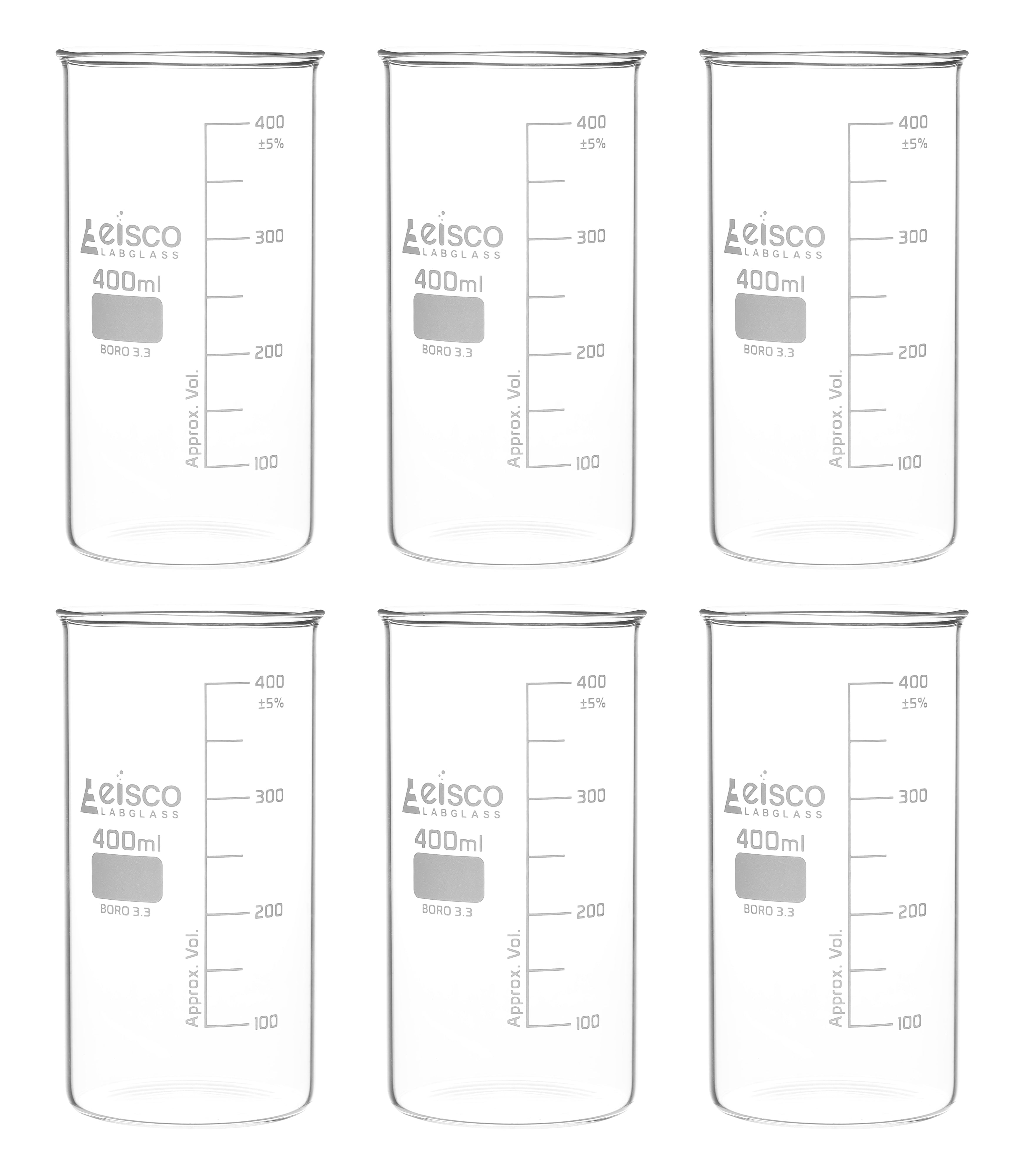 Tall Form Berzelius Borosilicate Glass Beaker, Graduated, 6-Pack