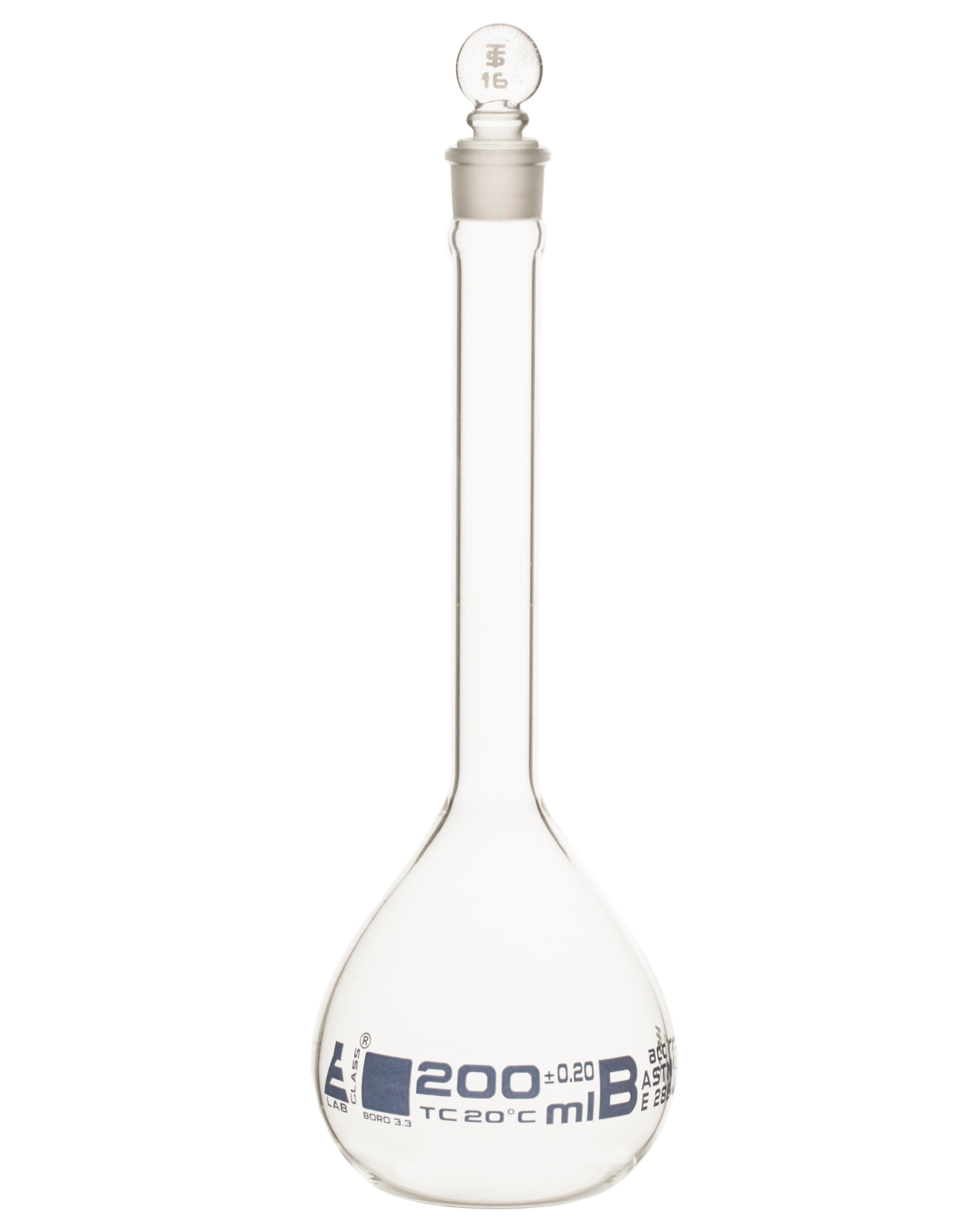 ASTM Class B Borosilicate Glass Volumetric Flask with Glass Stopper, Blue Graduations