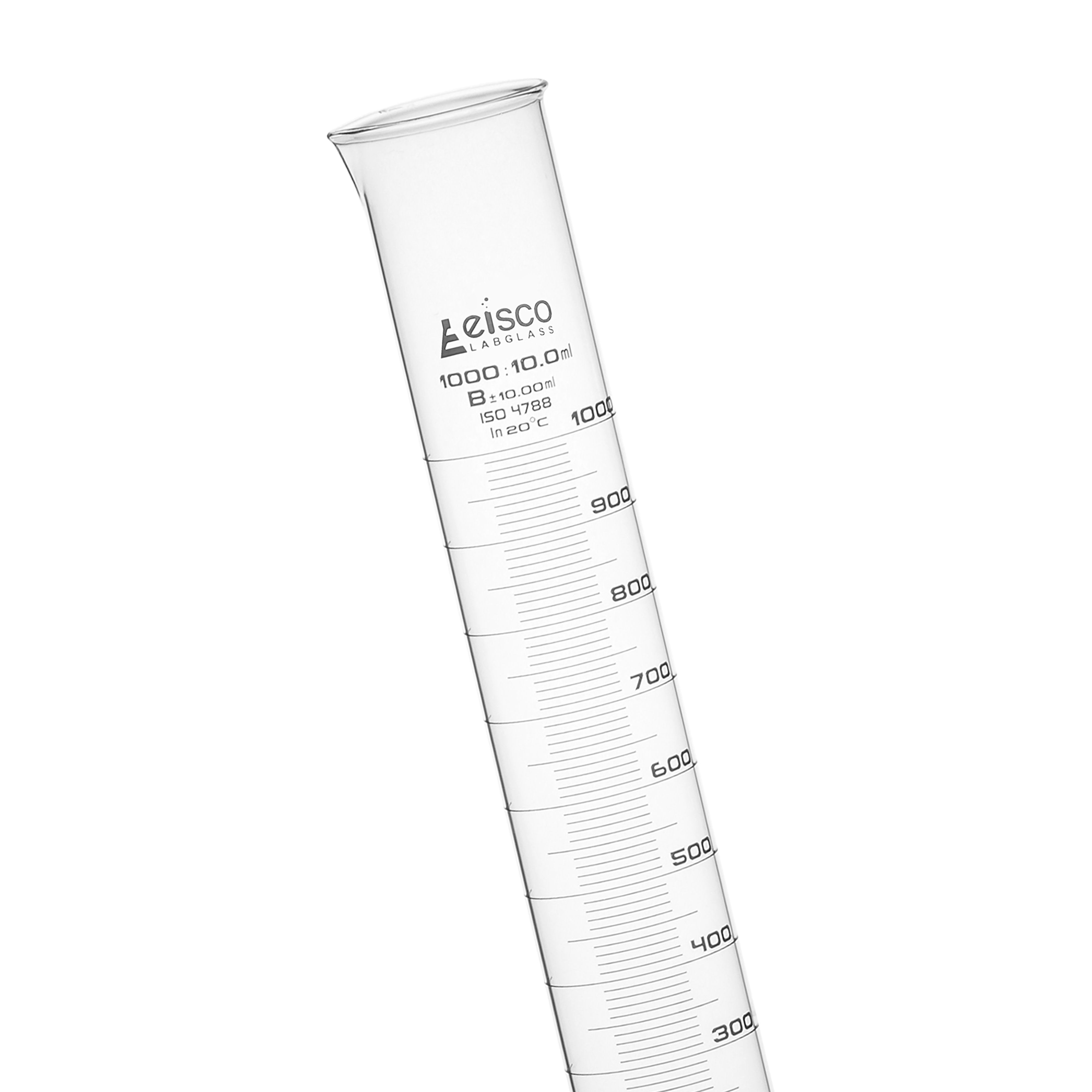 Class B Graduated Cylinder with Round Base and Spout, 1000mL, White Graduations, Borosilicate Glass