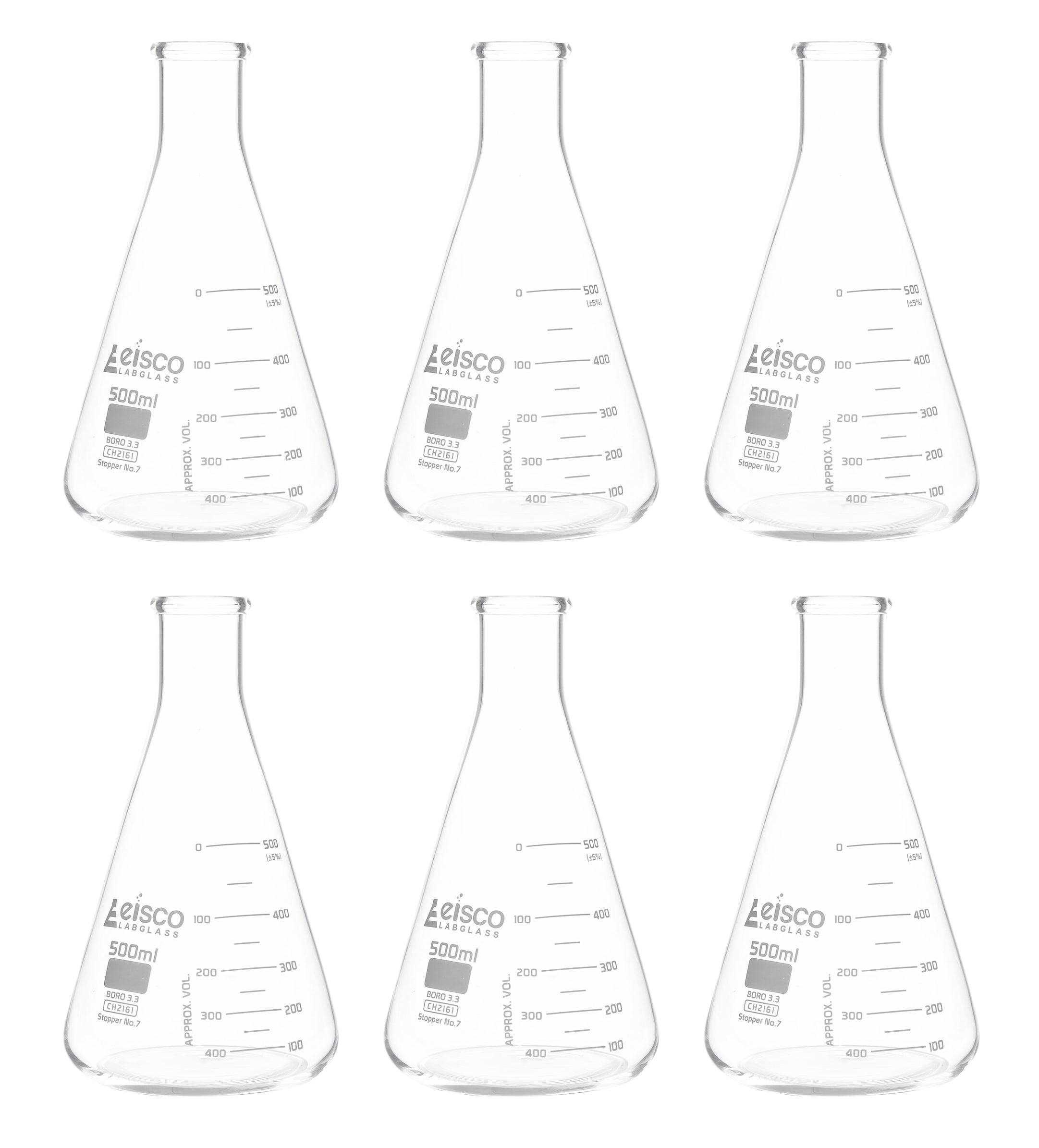 ASTM Narrow Neck Borosilicate Glass Erlenmeyer Flask with Dual Scale, 6-Pack