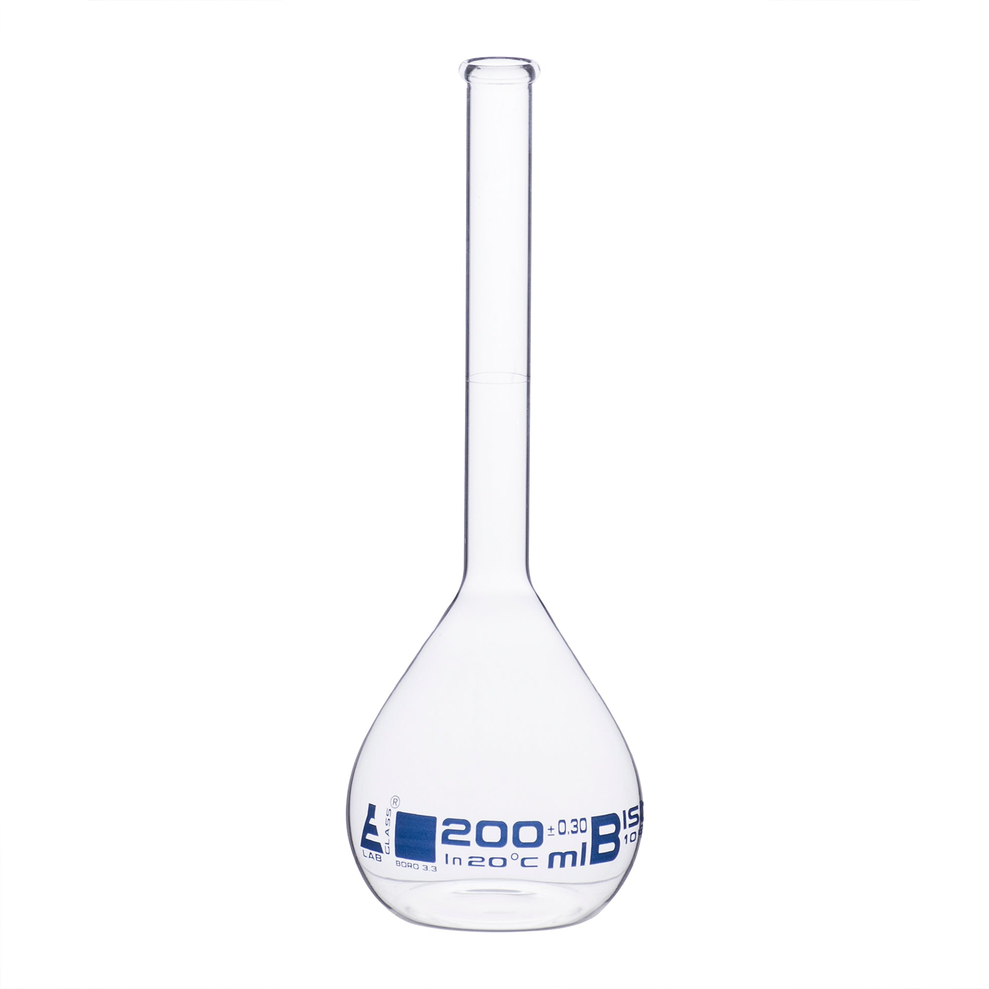 Class B Borosilicate Glass Volumetric Flask with Beaded Rim, Blue Graduations